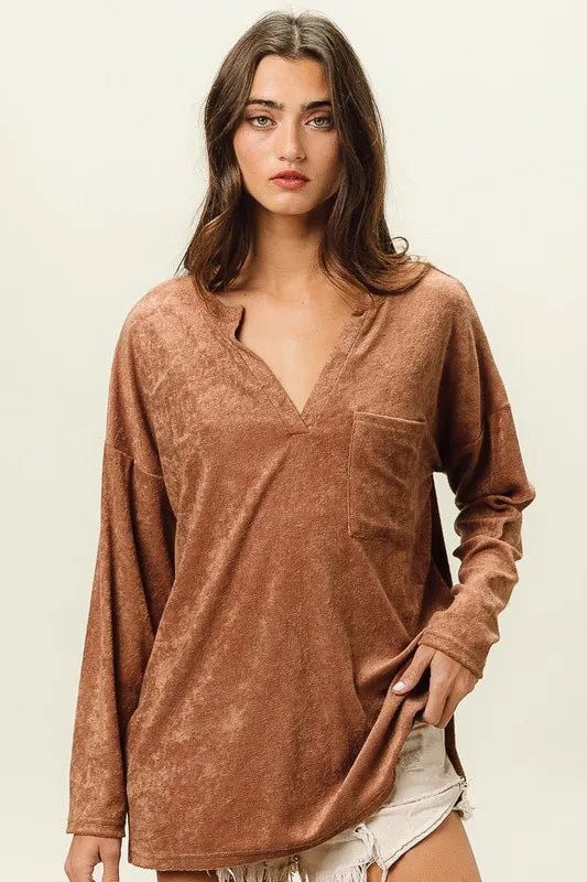BiBi Loop Terry Solid V-Neck Pocket Top for Women - Soft Casual T-Shirt with Pocket for Everyday Wear, Gym, and Lounge