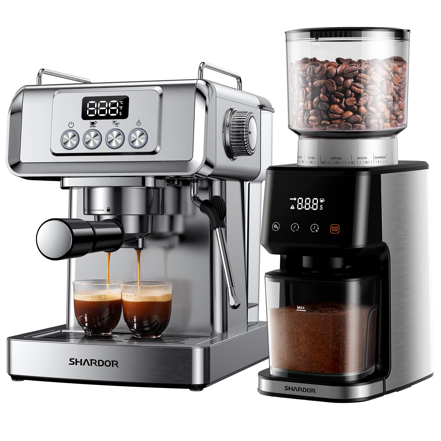Premium SHARDOR Conical Burr Electric Coffee Grinder & 20 Bar Espresso Machine Bundle - Professional Espresso Maker with Built-in Grinder for Home Baristas & Coffee Lovers (Perfect for Kitchen, Office & Cafe Use)