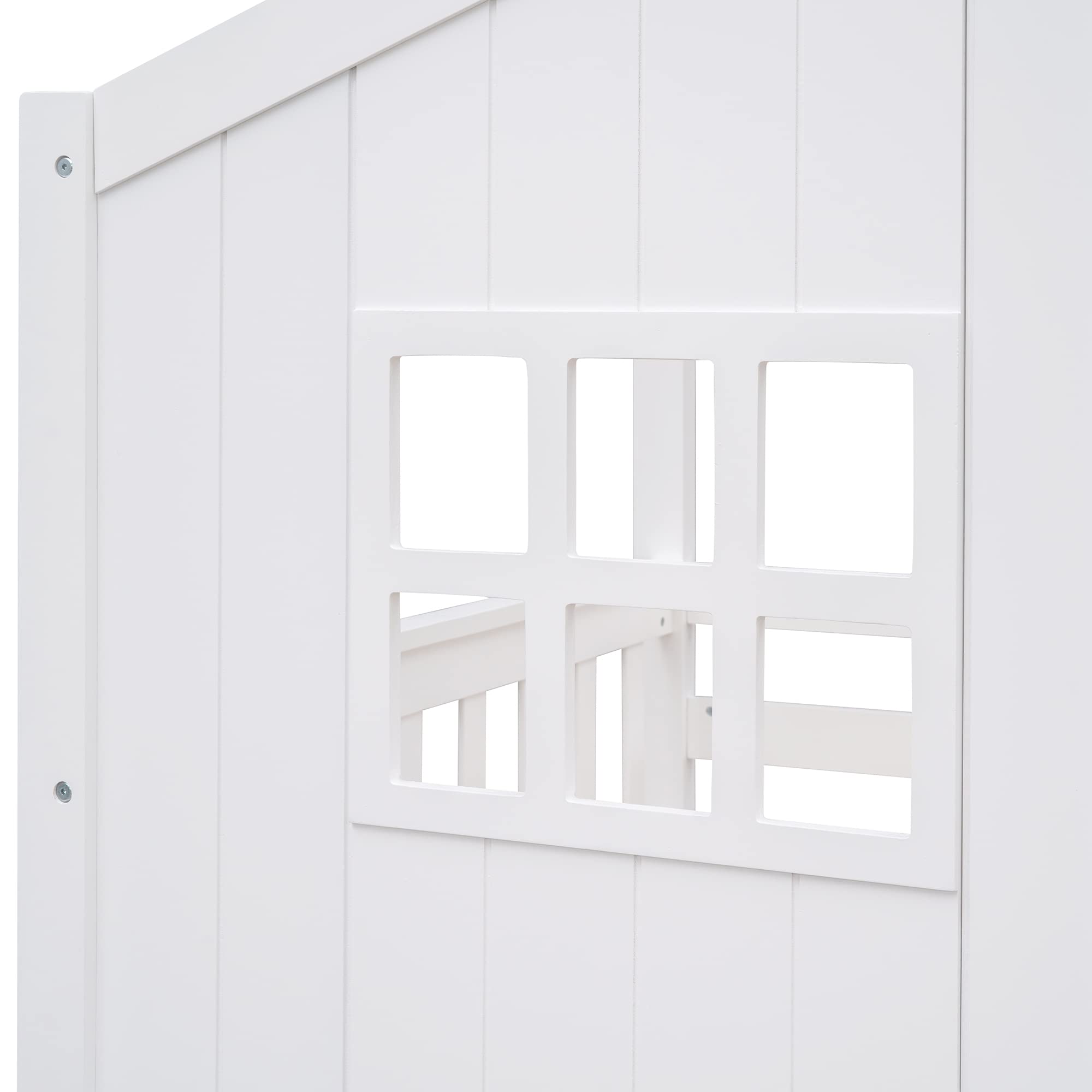 Polibi Twin-Over-Twin Wooden Bunk Bed with Roof, Front Windows & Ladder - Perfect for Kids' Bedrooms, Guest Rooms & Space-Saving Solutions