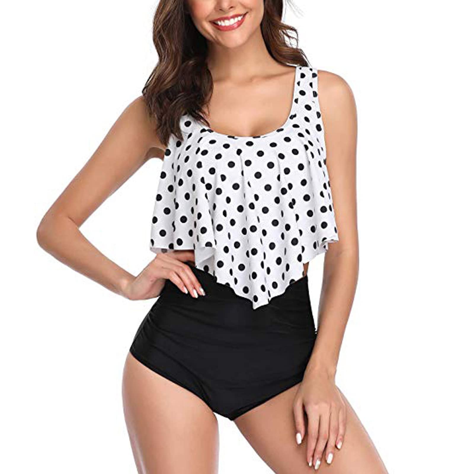 JUNGE Women's Retro Halter Swimsuit Set - Scalloped Sunflower Print Bikini with Ruched Waist Overlay | Beach Vacation, Pool Party, Summer Swimwear