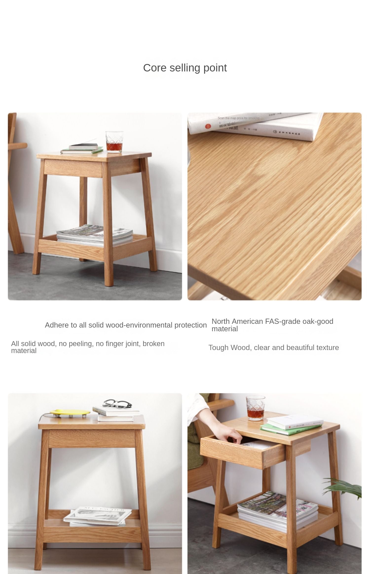 Solid Oak Wood Side Table with Double Layer Shelf - Perfect for Living Room, Bedroom, or Office Decor