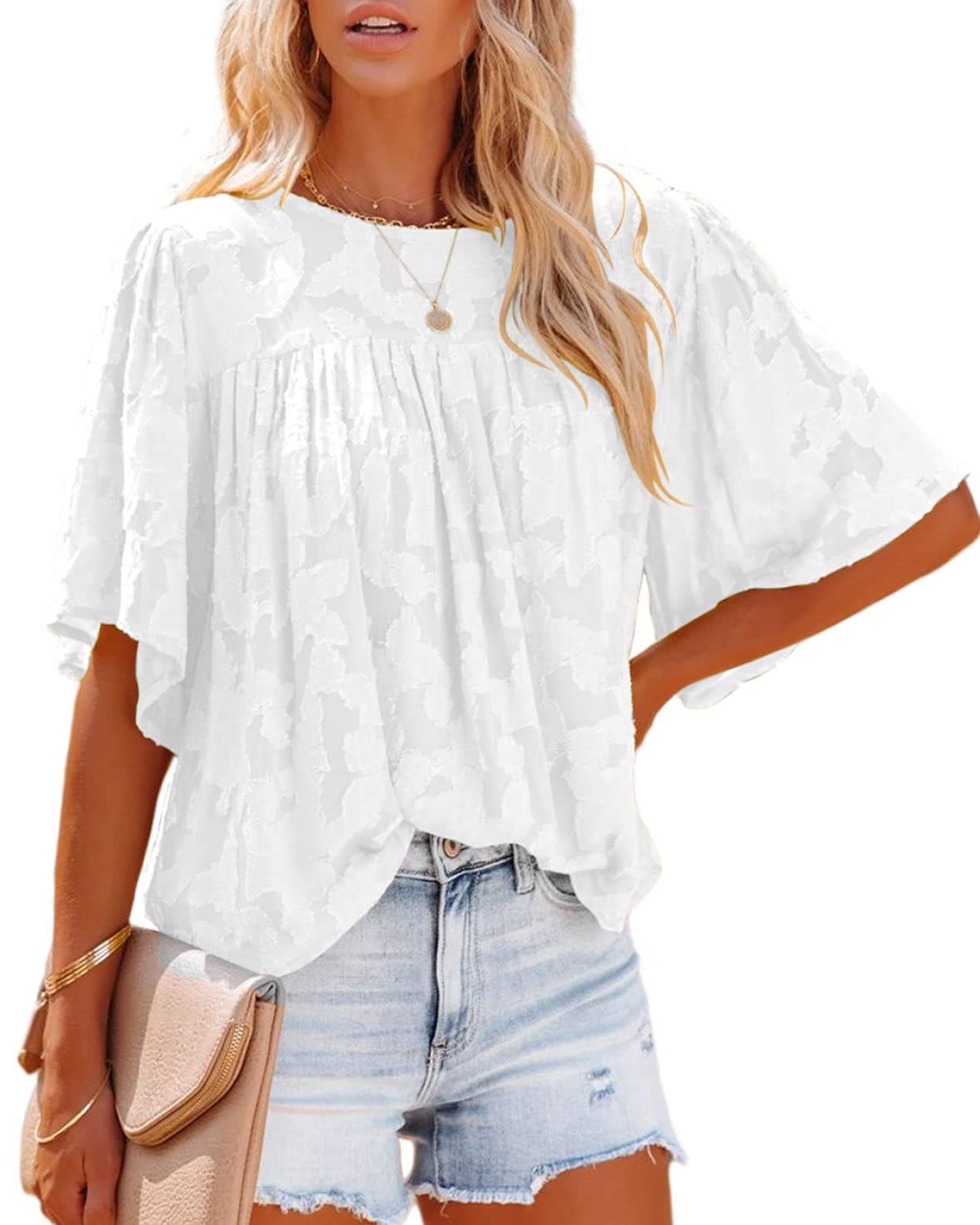 Kaqonal Women's Summer Babydoll Tops - Ruffle 3/4 Sleeve Crewneck Blouses, Casual Flowy Loose Shirts for Beach, Vacation & Everyday Wear