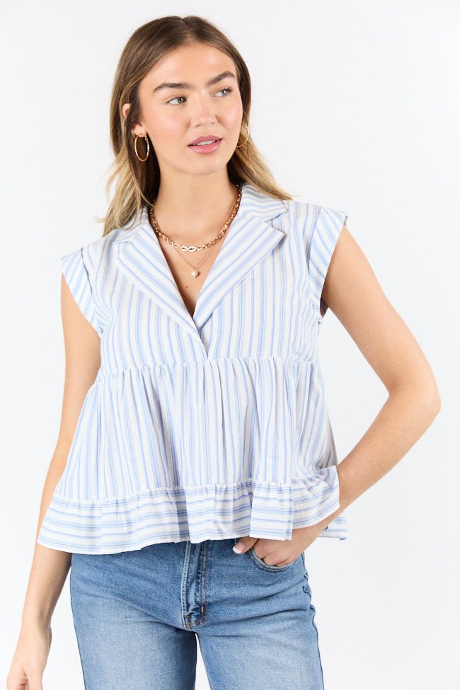 Perfect Aura Blue Striped Collared Tank Top for Women - Summer Casual Sleeveless Shirt - Beach, Vacation & Everyday Wear