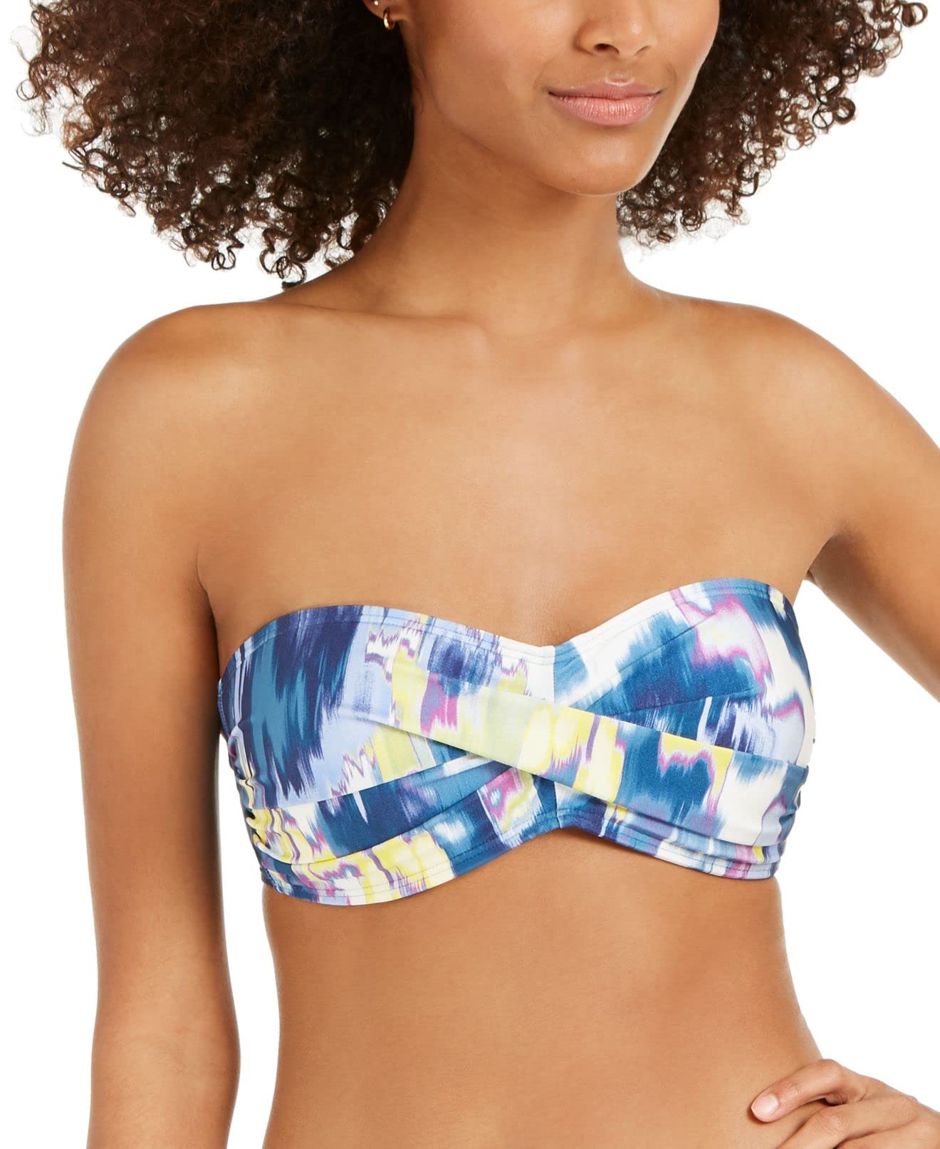 DKNY Women's Printed Stretch Twist Front Swimsuit Top - Blue, Fixed Cups for Support | Perfect for Beach Vacations, Pool Parties & Summer Getaways