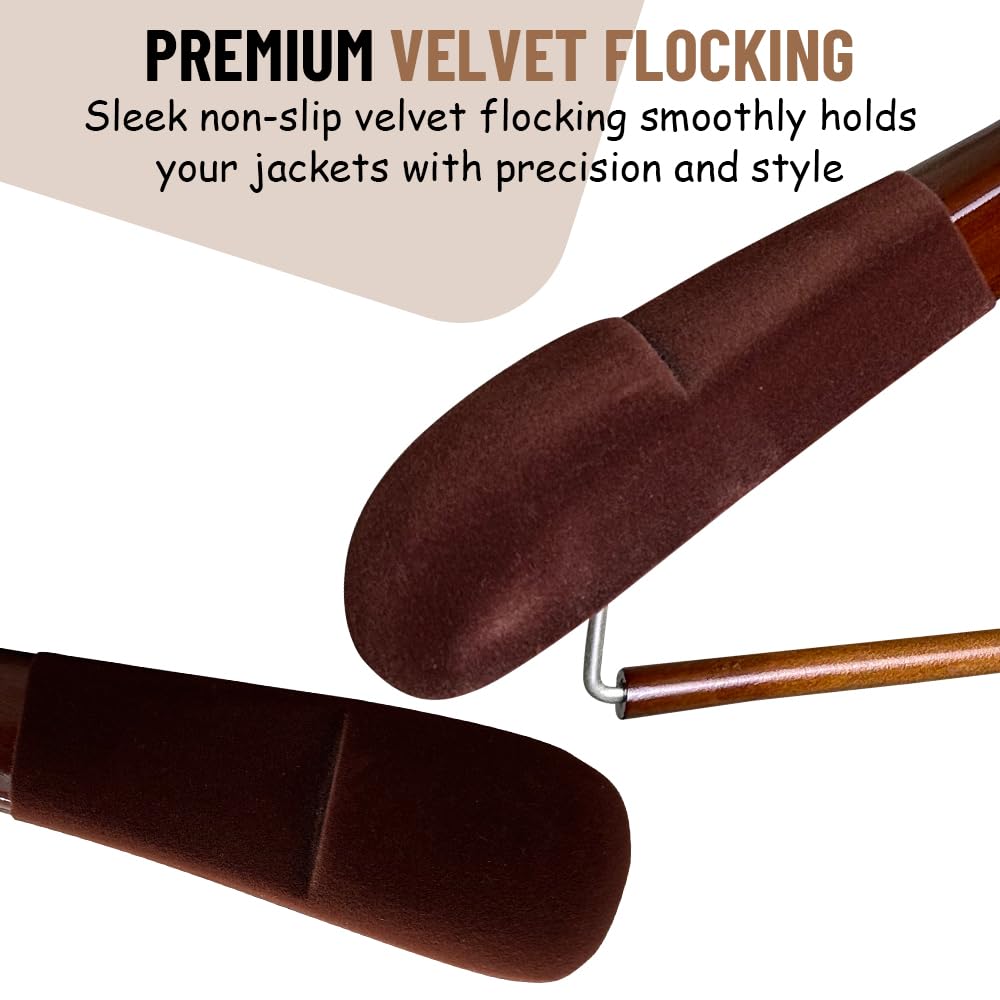 Premium Wooden Hangers with Rollbar - Heavy Duty Non-Slip Coat Hangers for Suits & Pants - Wide Shoulder Design - High Gloss Mahogany with Brown Velvet (12 Pack) - Perfect for Closet Organization & Luxury Garment Storage
