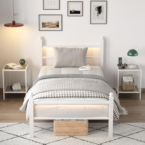 Twin Size LED Bed Frame with USB Charging Station & Under Bed Storage - Heavy Duty Steel Slats, Easy Assembly Metal Platform Bed for Teen Room, Dorm, Guest Bedroom