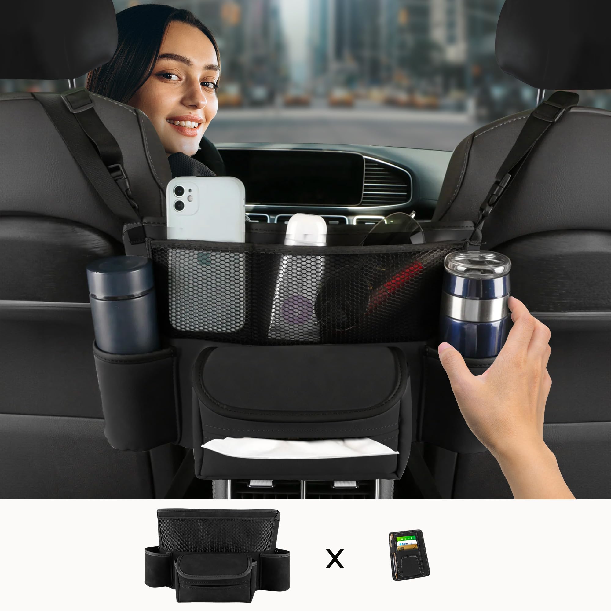 JVCOM Car Seat Organizer - Back Seat & Between Seat Organizer with Cup Holder & Purse Storage - Black - Perfect for Road Trips, Family Travel & Daily Commute