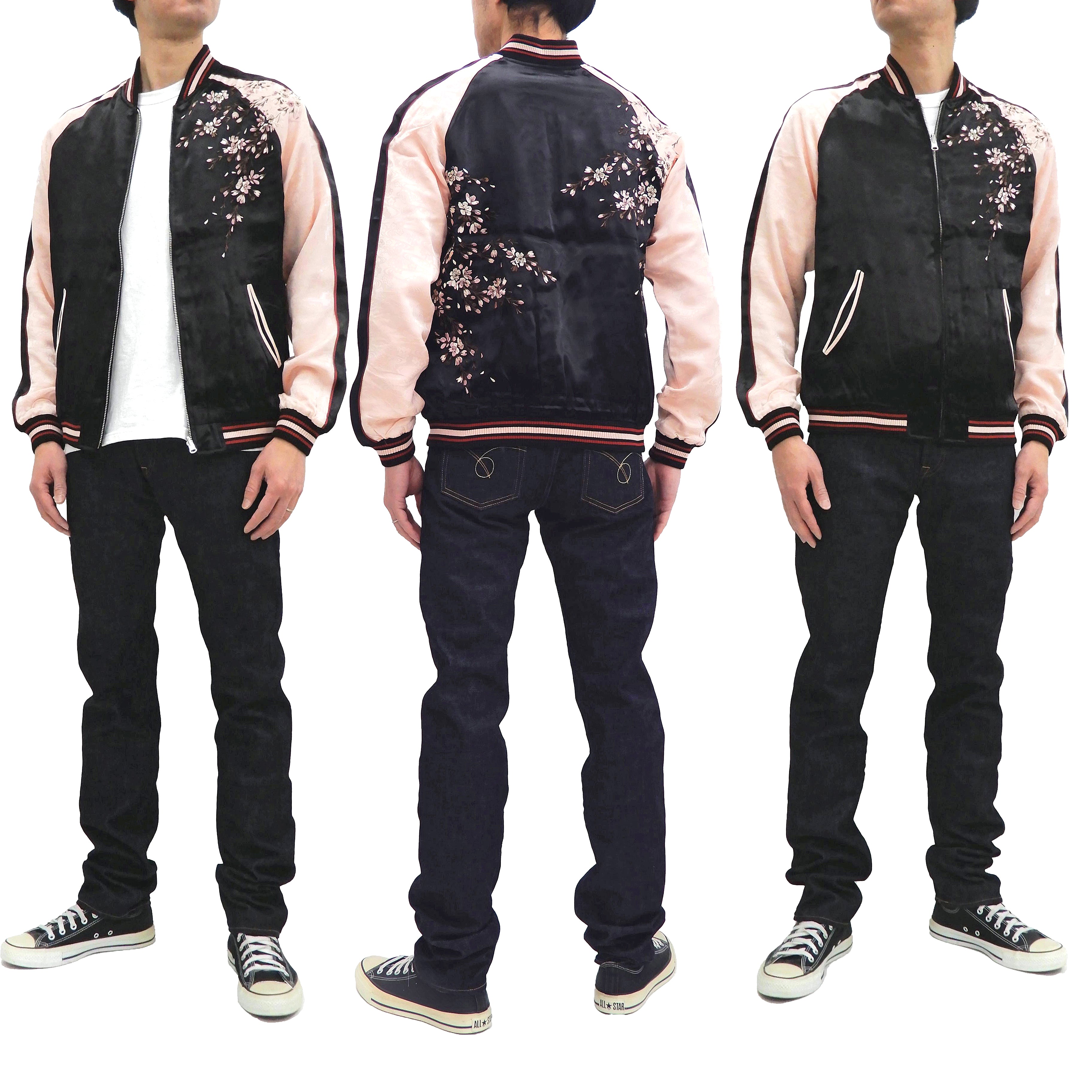 Japanese Sukajan Jacket for Men - Vintage Souvenir Bomber with Weeping Cherry Blossom Design (Black/Pink) | Streetwear Fashion & Urban Style Outfit