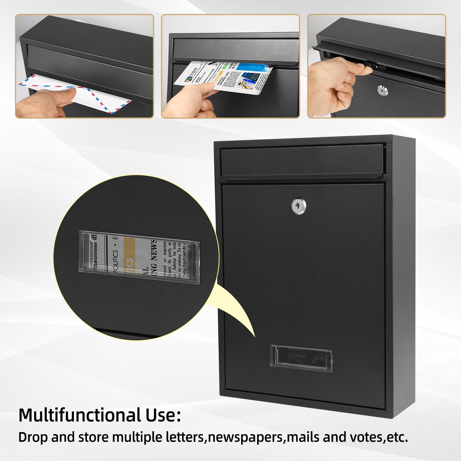 Secure Locking Wall Mount Mailbox for Outside - Large Capacity Steel Metal Postbox with Key & 3 Sets 0-9 Numbers (13.8