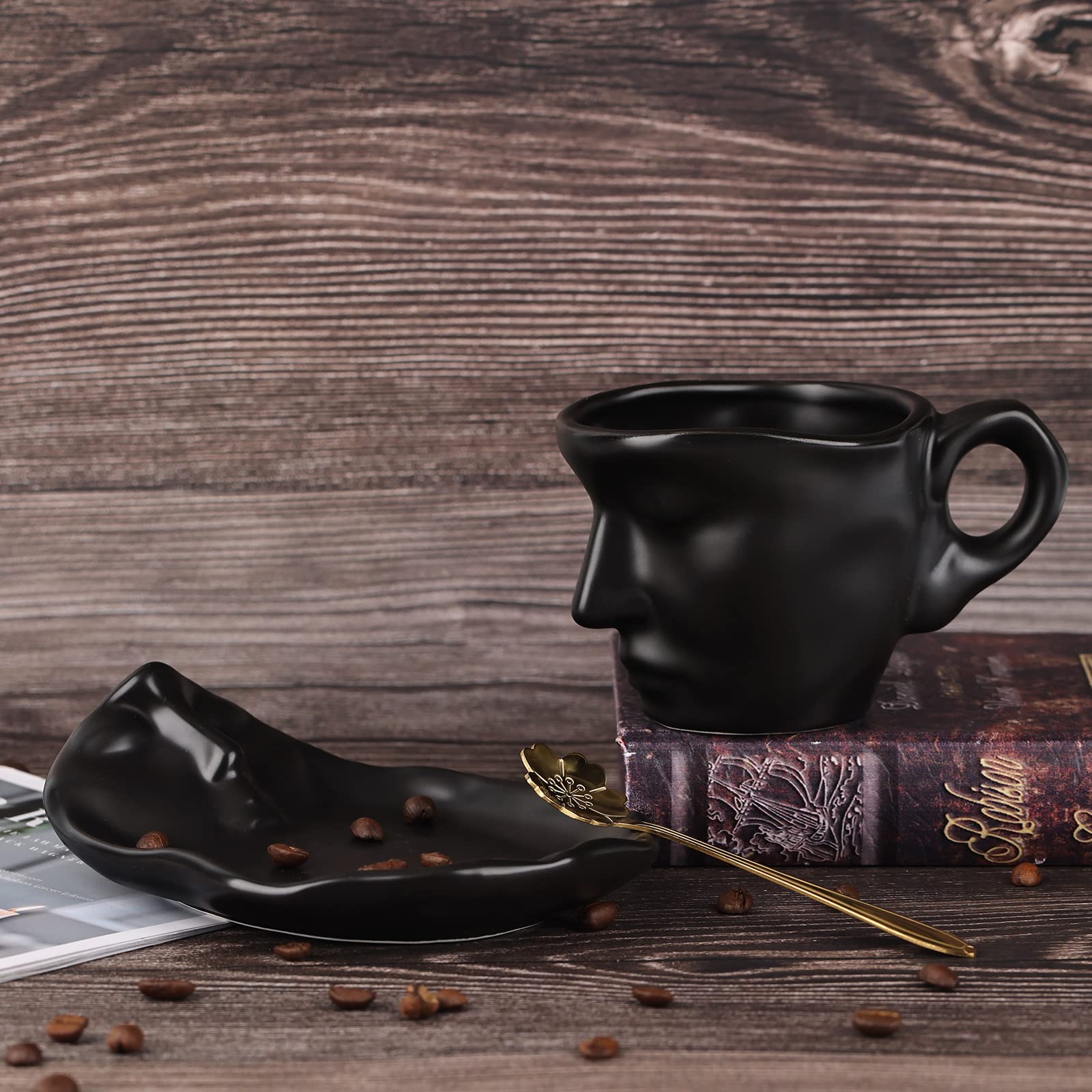 Black Ceramic Coffee Cup Set with Spoon - 8.5oz Kissing Mug for Valentine's Day & Anniversaries - Perfect Romantic Gift