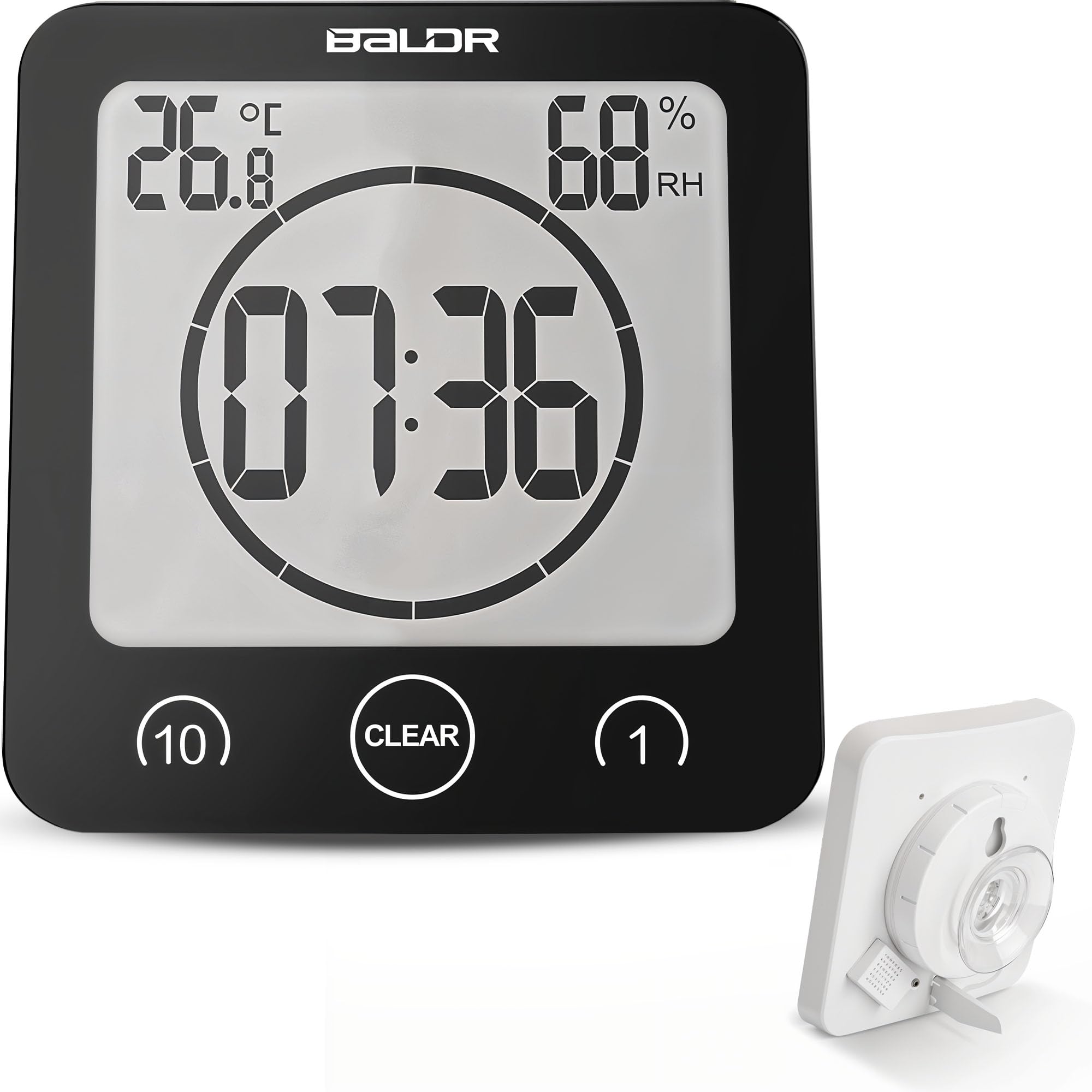 BALDR Digital Shower Clock with Timer - Waterproof Bathroom Clock with Temperature & Humidity Display, Countdown Timer, Alarm - Battery Powered for Shower, Bathroom, Gym Locker & Spa Use