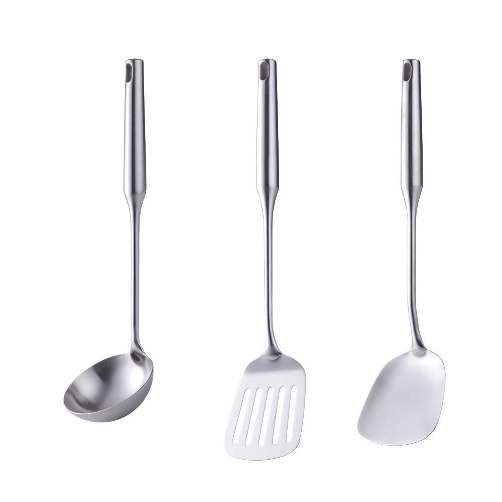 PLESIU 3-Piece Stainless Steel Kitchen Utensil Set - Soup Ladle, Wok Spatula & Slotted Spatula with Vacuum Ergonomic Handle - Perfect for Cooking, Serving & Stirring Soups, Noodles & Stir-Fry Dishes
