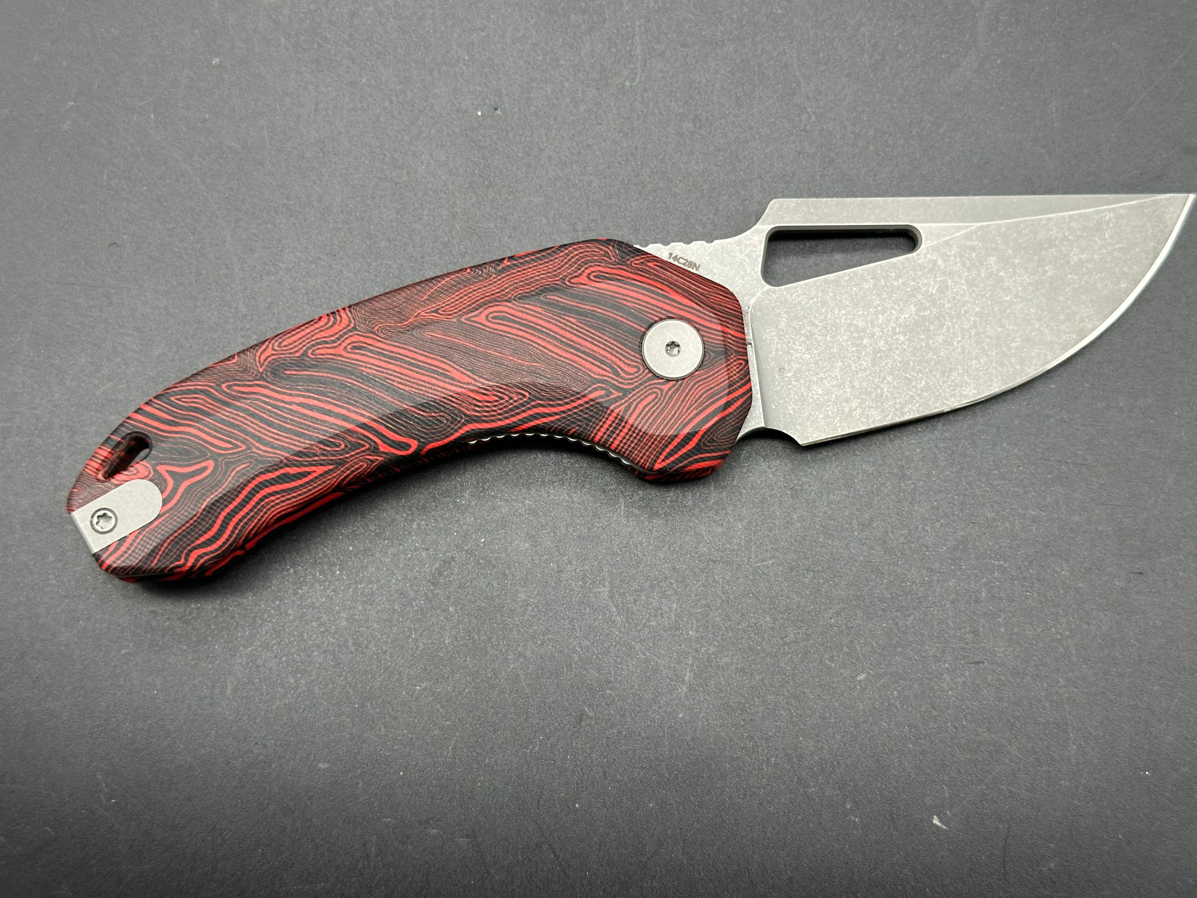 Damned Designs Djinn XL Liner Lock Folding Knife - Red/Black Damascus Steel Blade, 3.5
