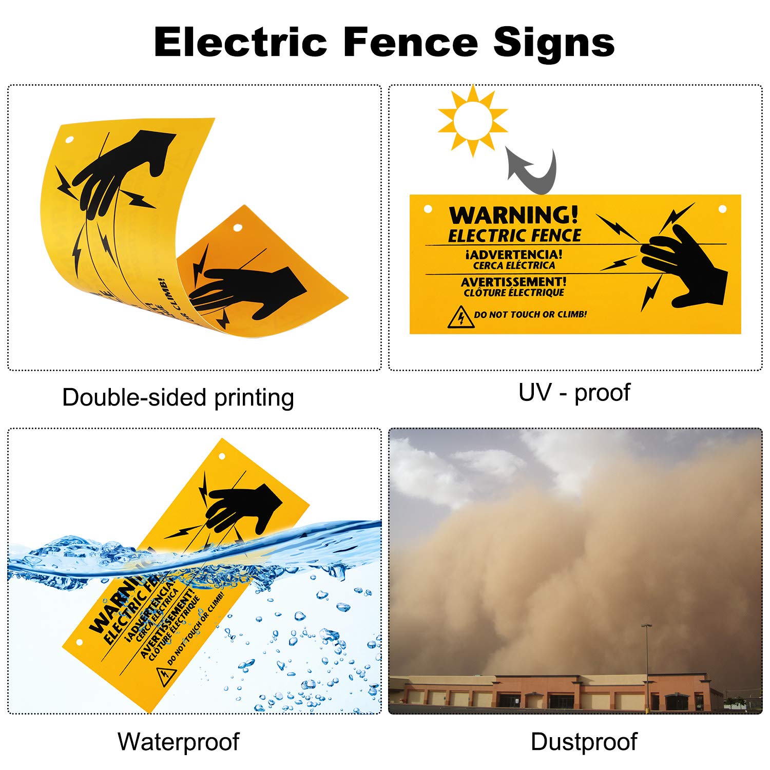 6 Pack Electric Fence Warning Signs with 12 Zip Ties - 10