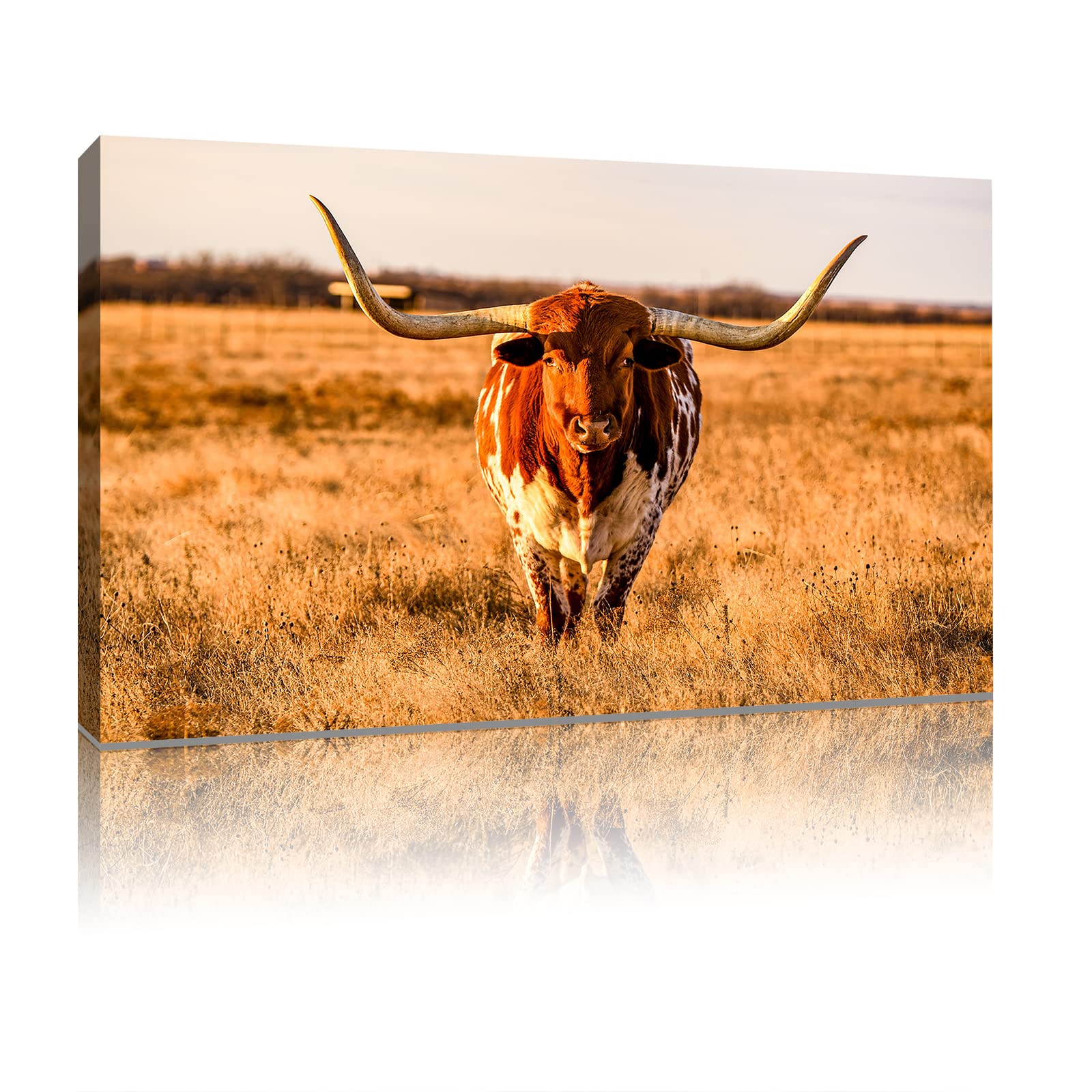 Premium HD Yellow Longhorn Canvas Wall Art Print - Framed Ready to Hang 12x18 Inch Western Animal Decor for Living Room, Bedroom & Office | Perfect for Ranch Style Homes, Cowboy Themed Spaces & Southwestern Interior Design