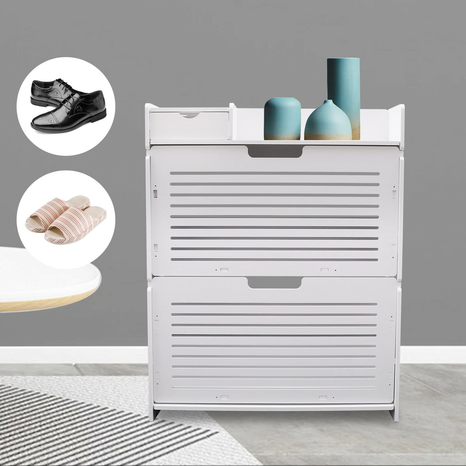 Modern 2-Tier Shoe Storage Cabinet - White Striped Slim Shoe Rack for Entryway & Closet Organization - Space-Saving Shoe Organizer for Small Spaces, Apartments & Home Decor
