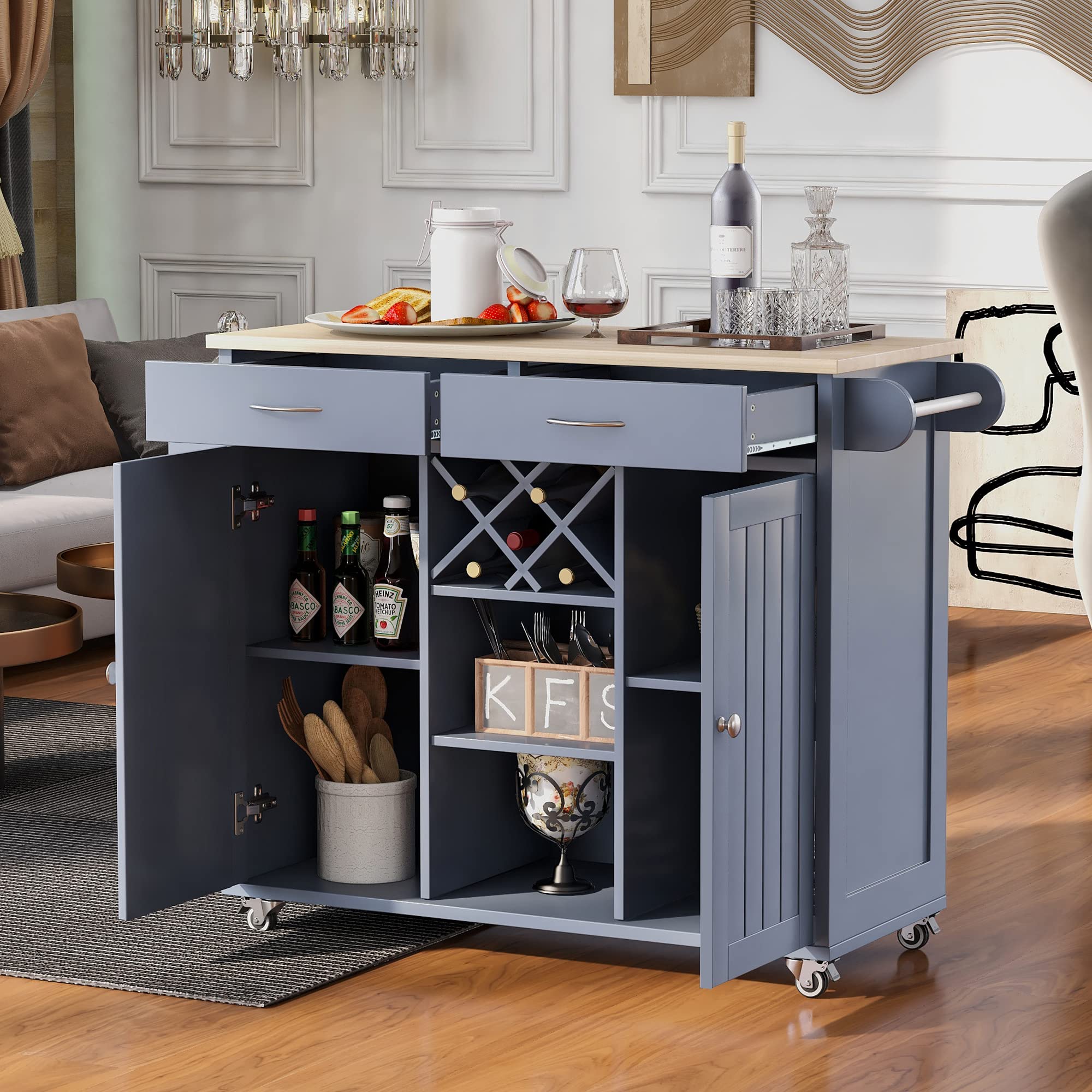 Krinana Rolling Kitchen Island Cart with 4 Locking Wheels, Wine Rack, Spice Rack, 2 Storage Cabinets & Drawers - Mobile Kitchen Organizer for Small Spaces (Dusty Blue) - Perfect for Cooking, Baking & Entertaining