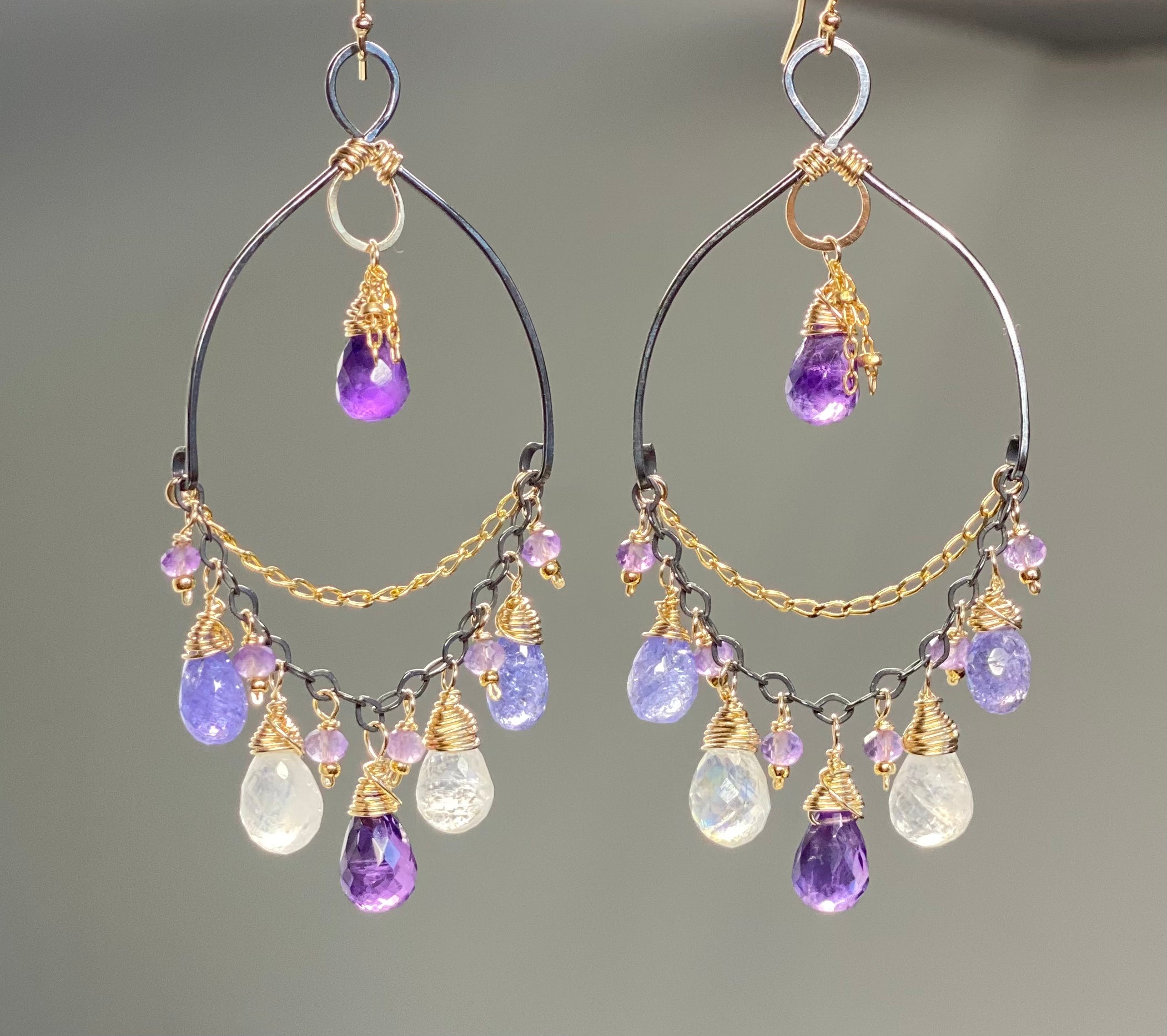 Exquisite Tanzanite Amethyst Moonstone Gemstone Mixed Metal Chandelier Earrings for Women | Elegant Dangle Drop Earrings for Party, Wedding & Evening Wear
