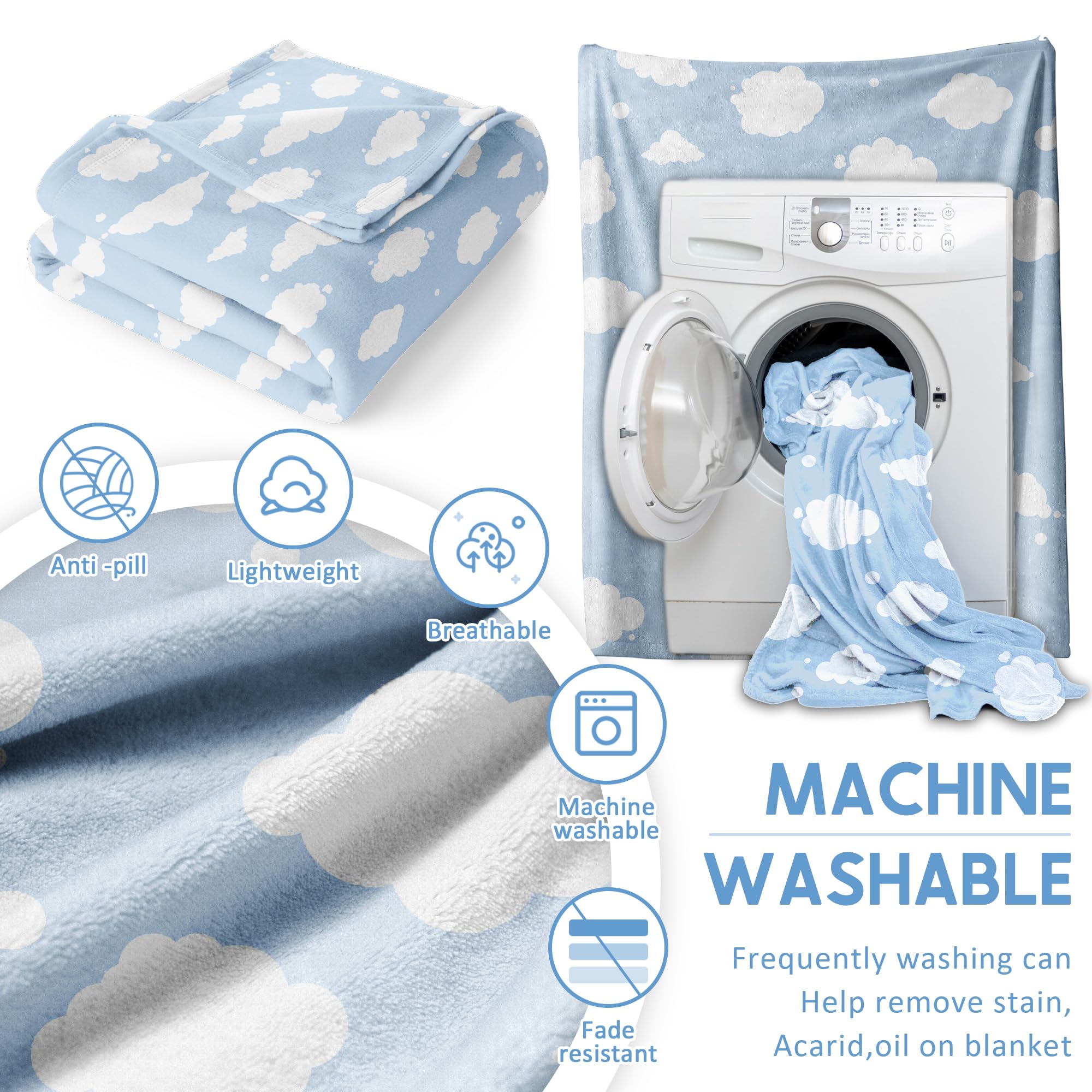 Soft Cloud Print Fleece Blanket - Blue & White Cozy Throw for Kids & Adults - Lightweight & Cute Blanket for Sofa, Chair, Bed - 120