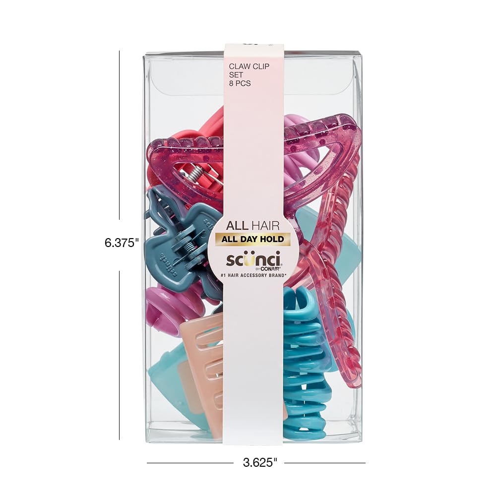 Scunci by Conair 8-Piece Pastel Hair Claw Clips Set for Women - Strong Hold Hair Clips for Thick Hair - Perfect for Ponytails, Buns & Updos - Hair Accessories for Work, Gym & Everyday Use