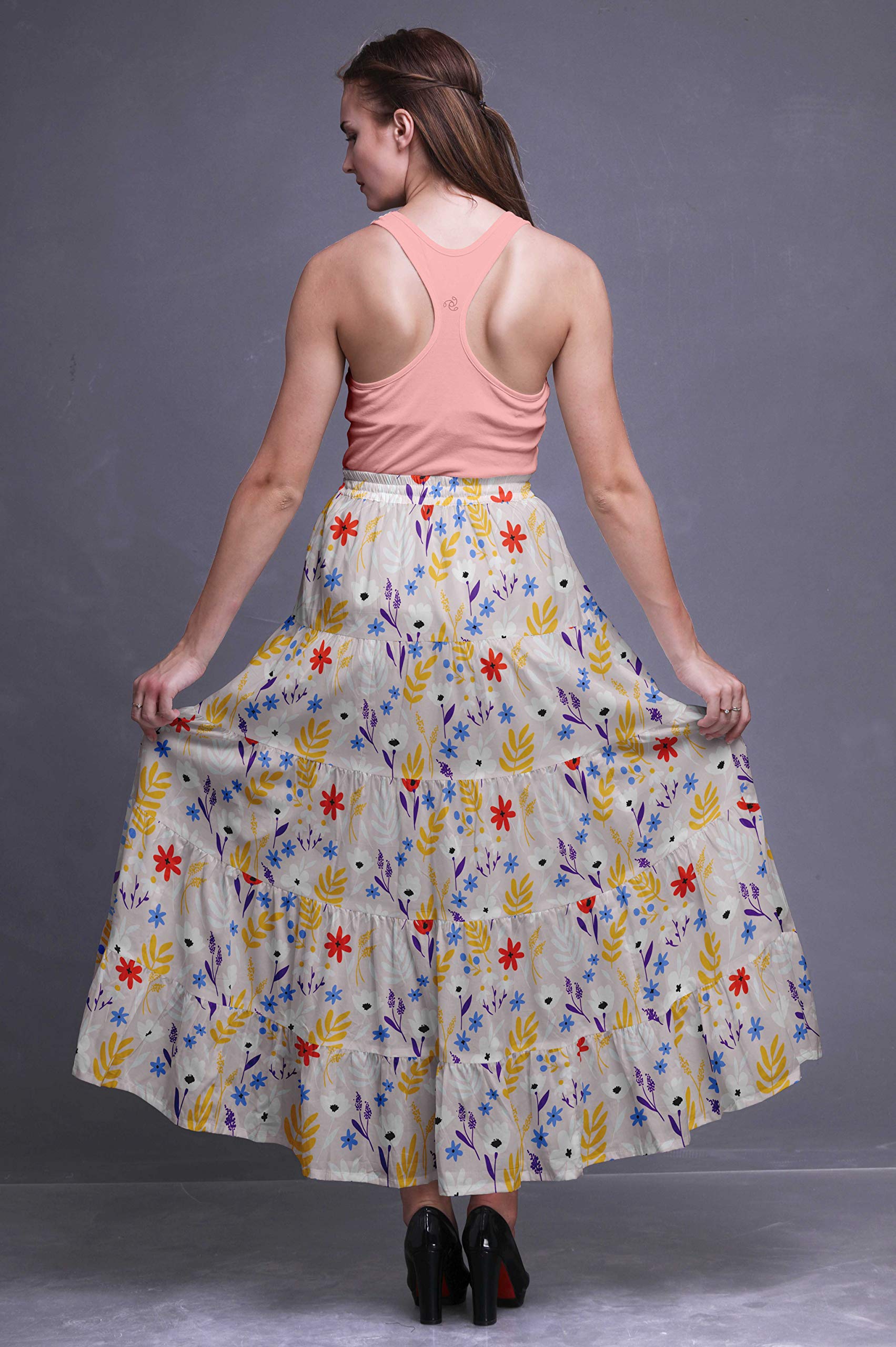 Bimba Printed Long 5-Tier Cotton Skirt for Women | Boho Maxi Skirt | Perfect for Beach Vacations, Music Festivals & Summer Outfits