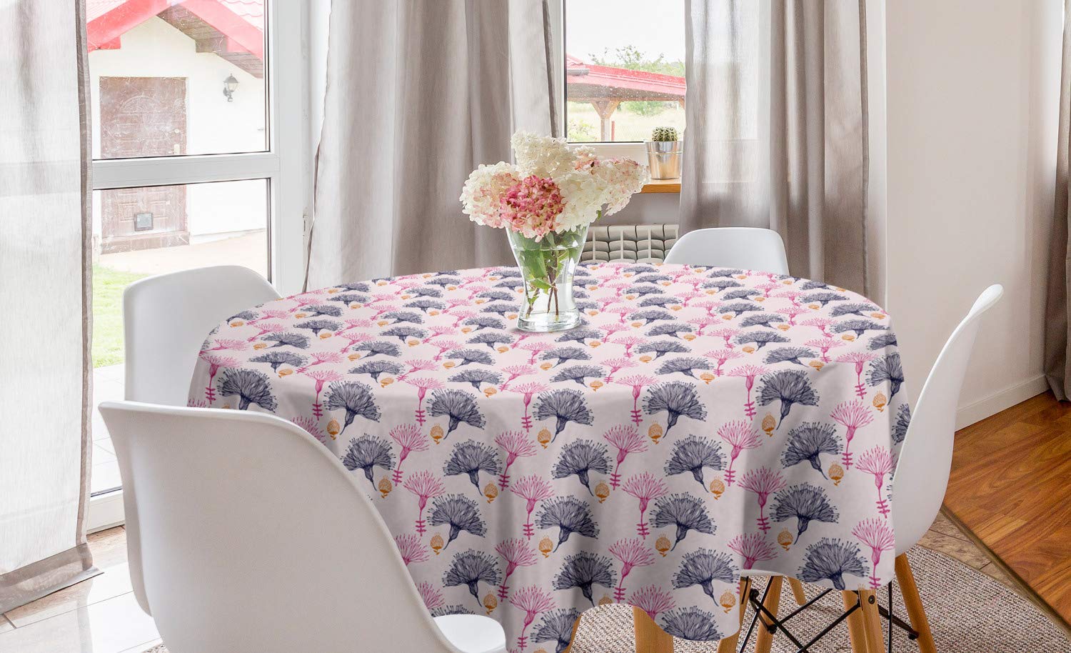 Ambesonne Floral Round Tablecloth - 60 Inch Dandelion Flower Sketch Design, Blush Dark Purple Blue Circle Table Cover for Dining Room & Kitchen Decor | Perfect for Parties, Holidays & Home Decoration