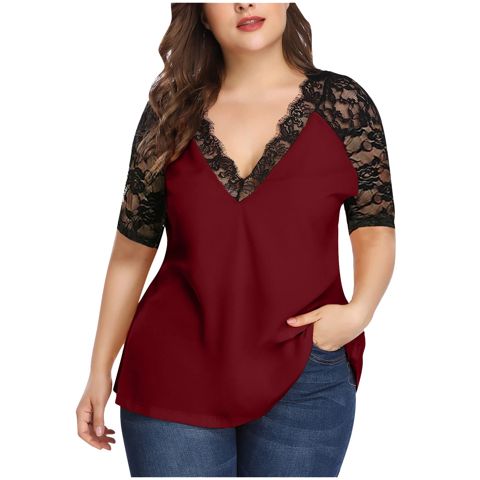 FAVIPT Plus Size Lace Blouse - V Neck Short Sleeve Tunic for Women | Casual & Dressy Wear