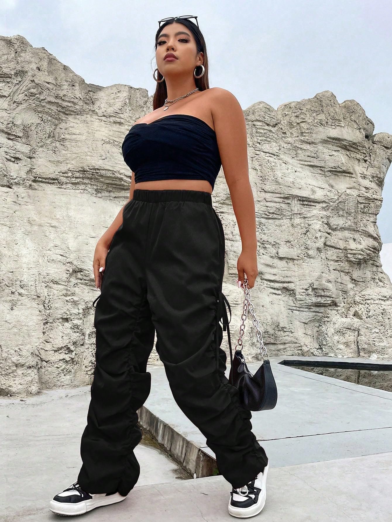 GORGLITTER Plus Size Women's High Waist Cargo Pants - Ruched Baggy Parachute Pants with Drawstring for Casual Wear & Street Fashion
