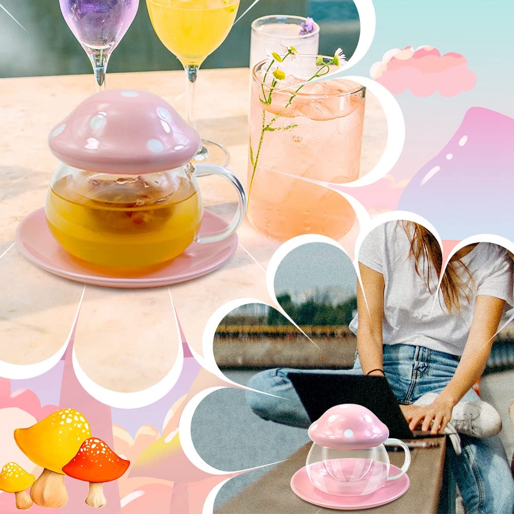 BINBE Cute Mushroom Glass Tea Cup with Lid - Heat Resistant Coffee Mug with Infuser & Tray - Kawaii Gifts for Women, Tea Lovers - Perfect for Home, Office, Gifts (Pink)