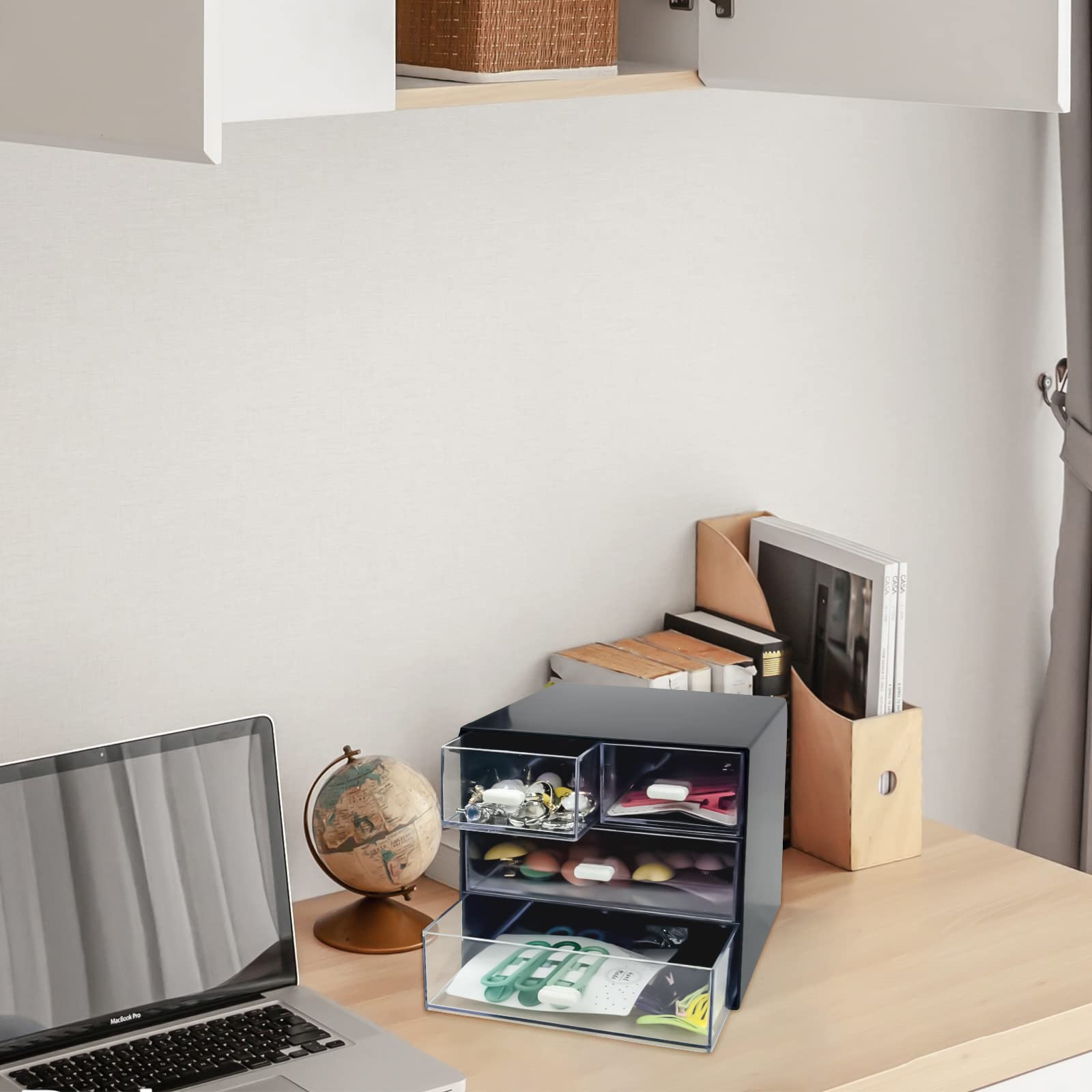 4-Drawer Black Plastic Desk Organizer with Storage Box | Office, School & Home Stationery Supplies | Perfect for Pencils, Pens, Paper Clips & Small Office Accessories