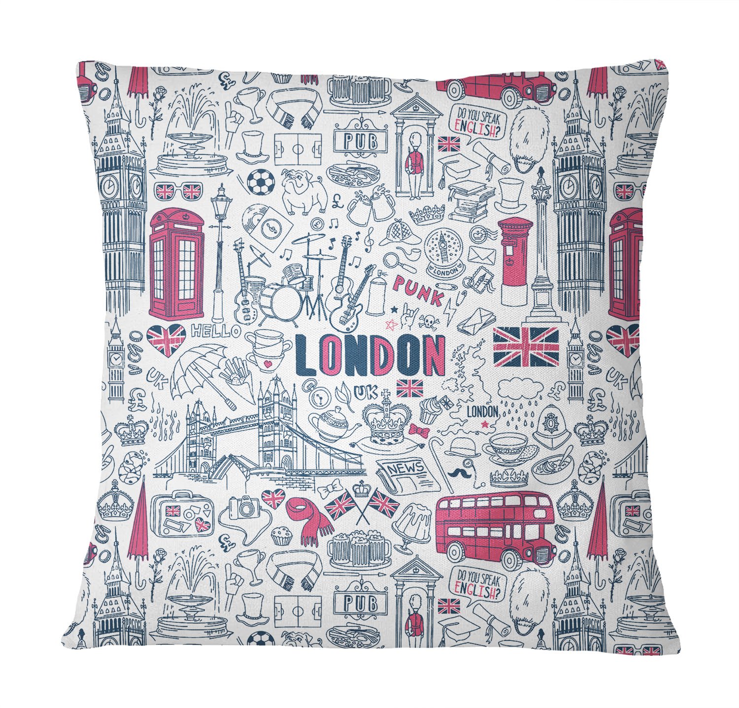 London Theme Architectural Print Pillow Cover - 18x18 Inches Square White Decorative Throw Pillow Case for Sofa, Bed & Home Decor | Stylish Living Room & Bedroom Accent