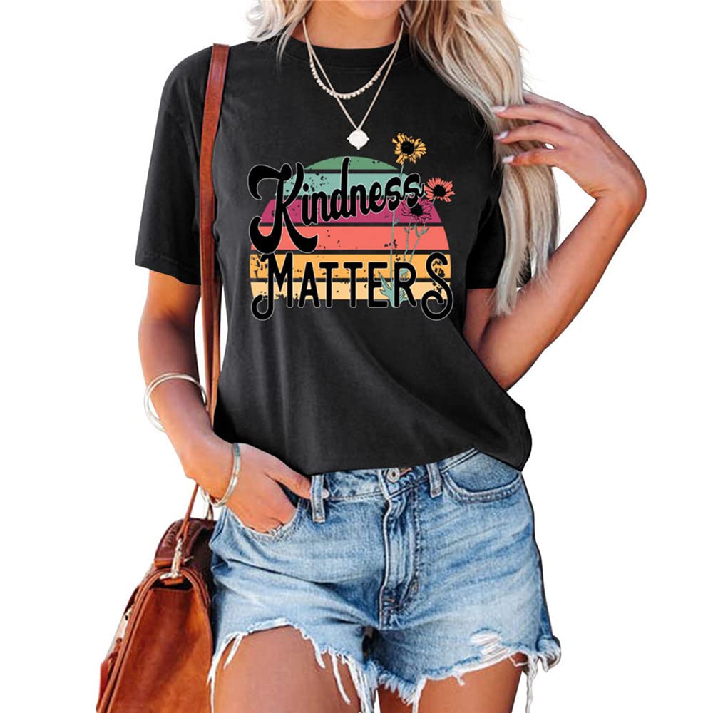 Kindness Matters Women's Rainbow Sunflower Graphic T-Shirt - Short Sleeve Inspirational Tee for Teachers | Perfect Teacher Appreciation Gift & Casual Everyday Wear