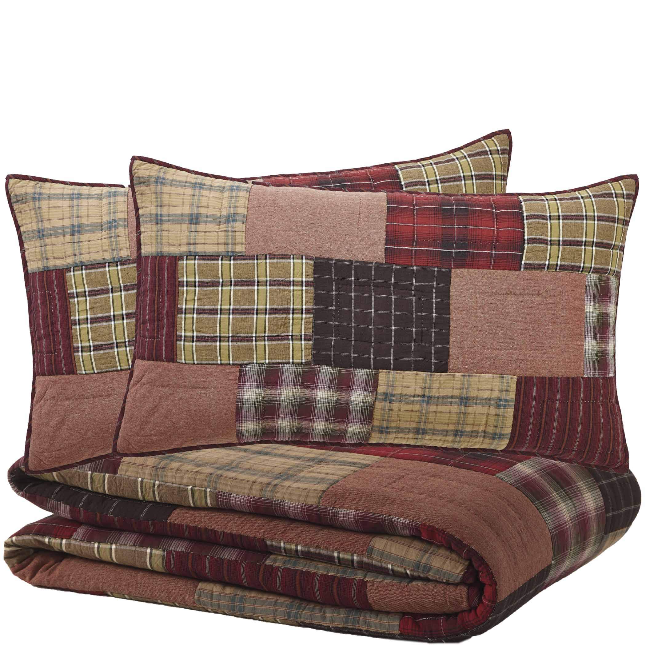 VHC Brands Wyatt Plaid Cotton Rustic Pre-Washed Quilt Sham King Size - Farmhouse Bedding Set in Patchwork Tan - Perfect for Rustic, Farmhouse & Country Style Bedrooms