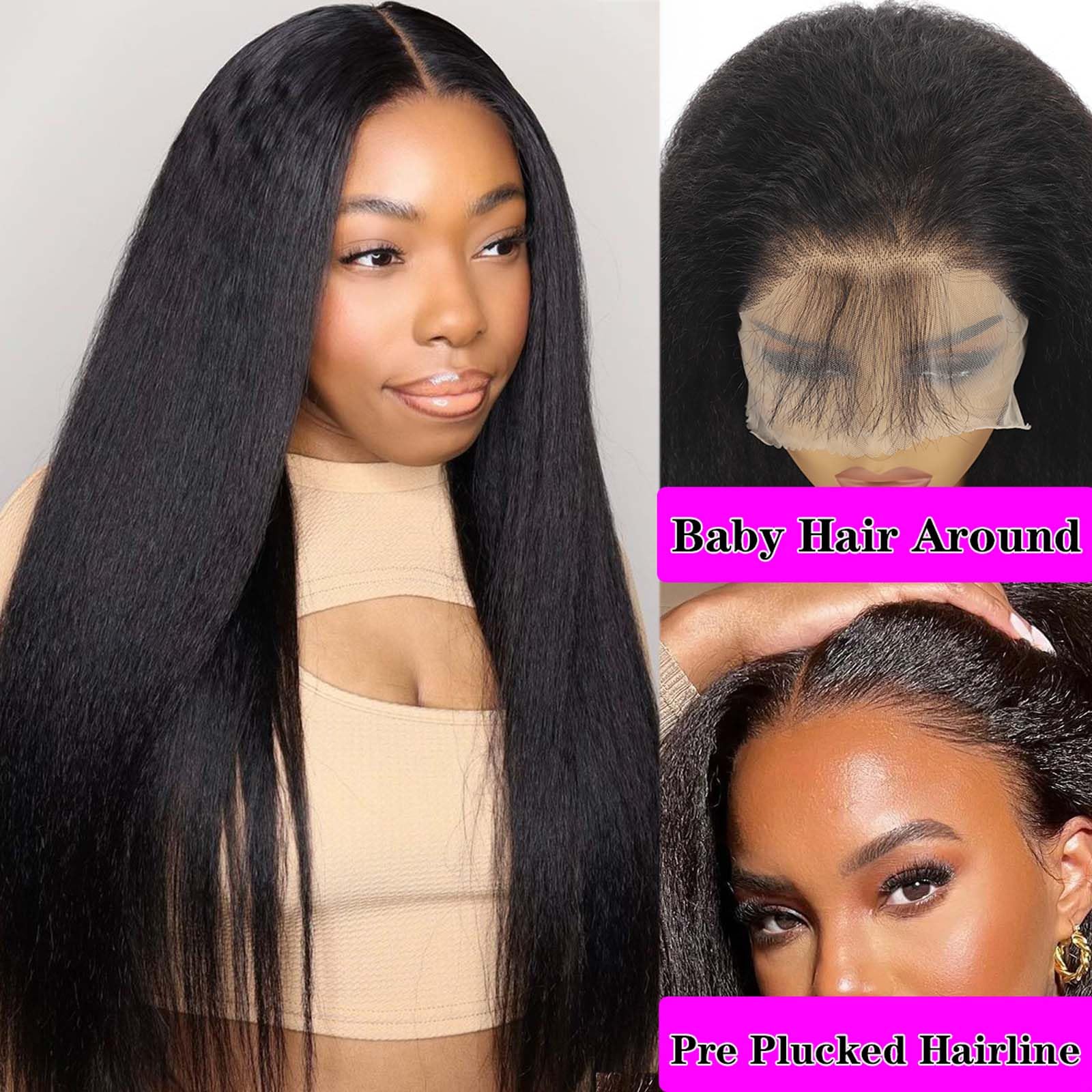AZW Kinky Straight Human Hair Wigs for Black Women - 180 Density 13x4 HD Lace Front Wig with Baby Hair & Bleached Knots | Glueless Pre-Plucked Lace Closure Wig (20 Inch, Black) | Perfect for Daily Wear, Special Occasions & Protective Styling