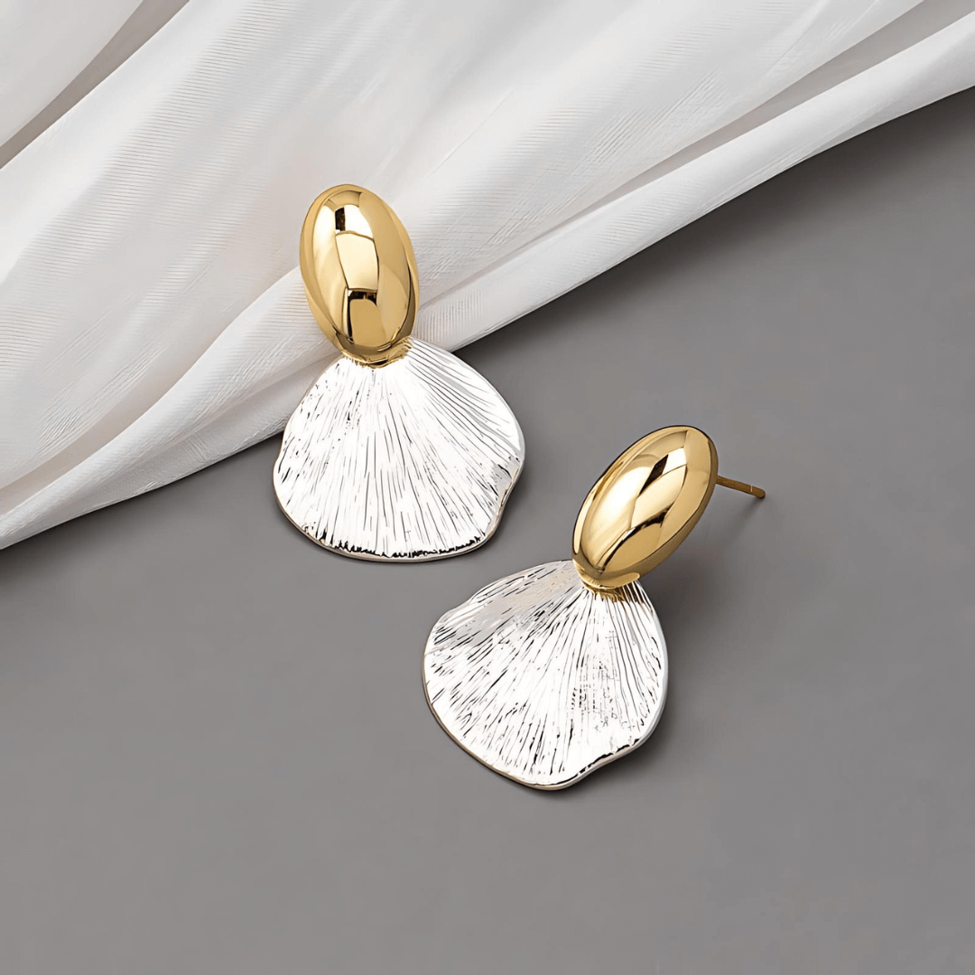 Textured Two Tone Abstract Fan Shaped Shell Drop Earrings for Women | R2690 | Boho Beach Wedding Party Jewelry Gift