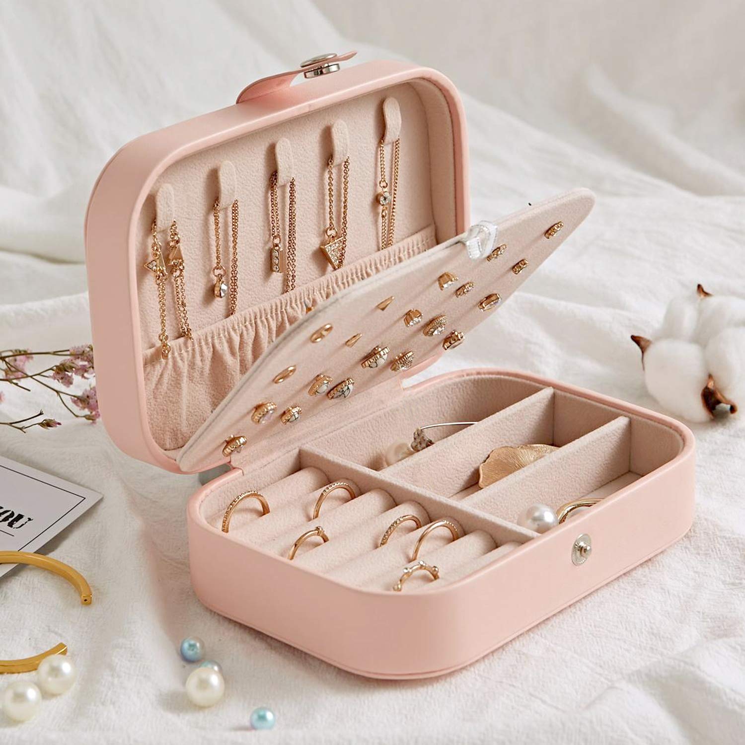SUA Jewelry Organizer for Women - Double Layer Travel Jewelry Box with PU Leather Case - Perfect for Earrings, Rings, Necklaces & Bracelets - Compact Portable Jewelry Storage Solution for Travel, Home & Gift Giving