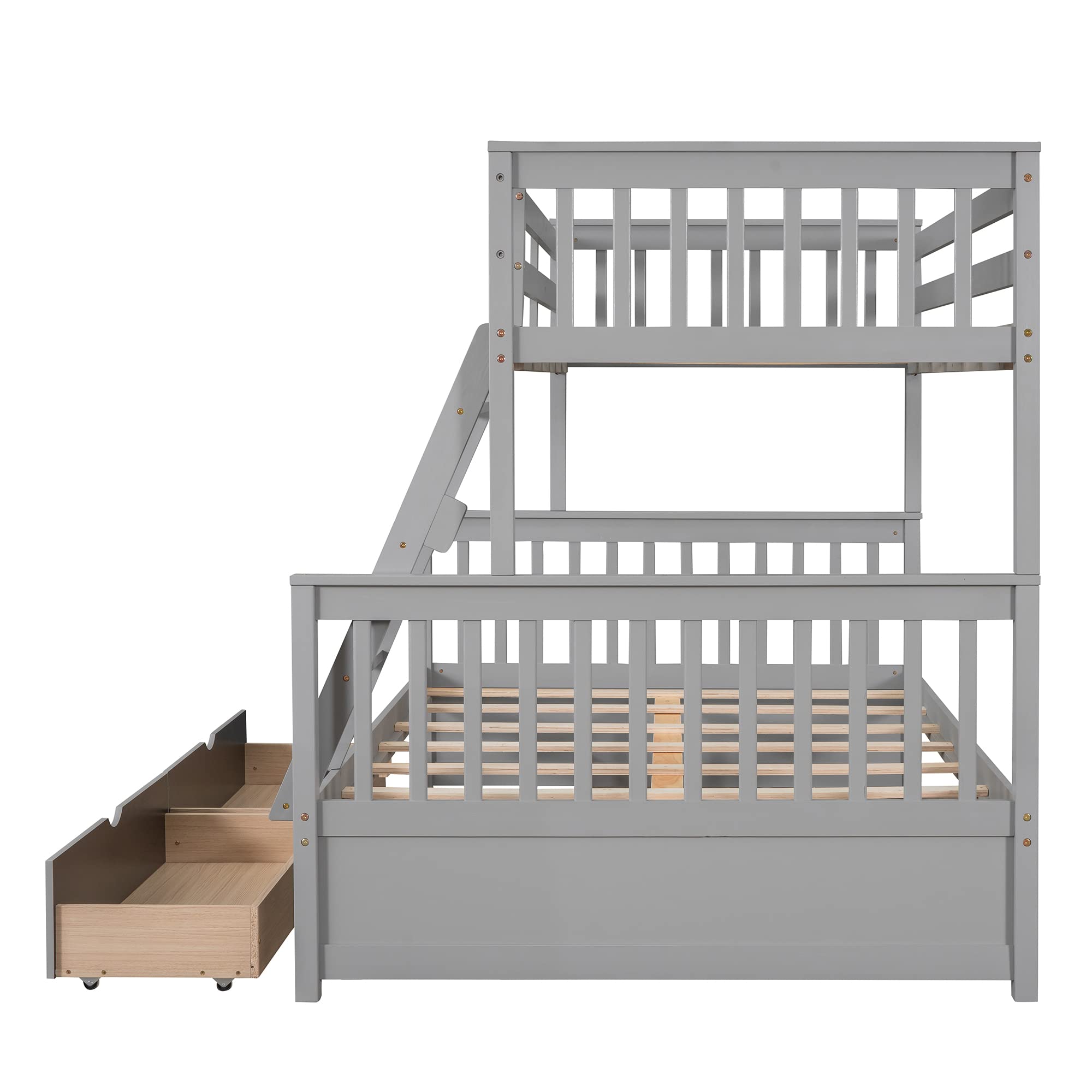 P PURLOVE Twin Over Full Bunk Bed with 2 Storage Drawers, Sturdy Wood Bunk Bed Frame with Ladder, No Box Spring Needed, Space-Saving Gray Bunk Bed - Perfect for Kids' Bedrooms, Guest Rooms & Small Spaces