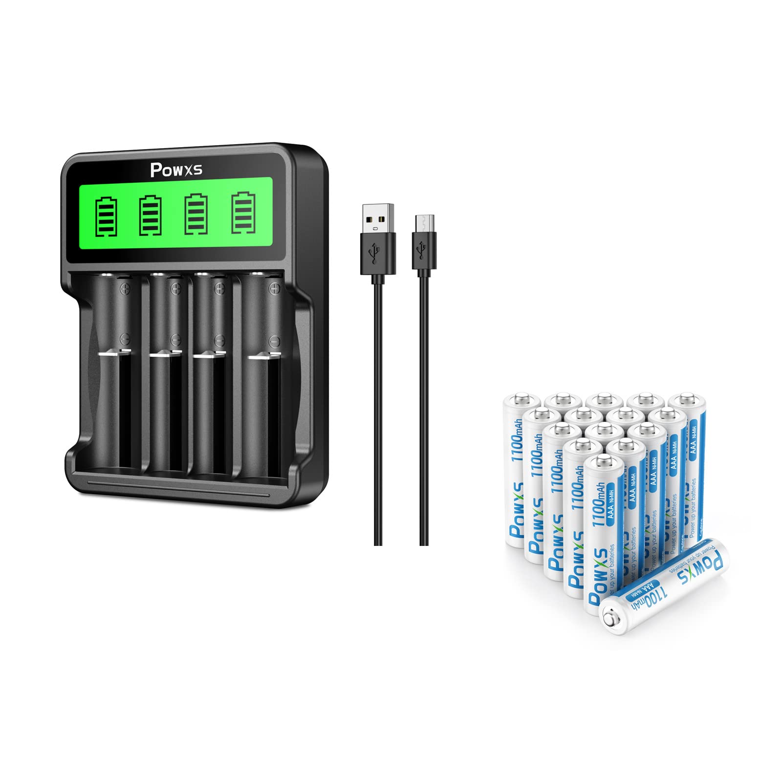 POWXS Universal 18650 Battery Charger with 16 Pack AAA Rechargeable Batteries - 1.2V 1100mAh Ni-MH Pre-Charged, High Performance & Long Lasting - Perfect for Cameras, Flashlights, Toys, and Electronic Devices