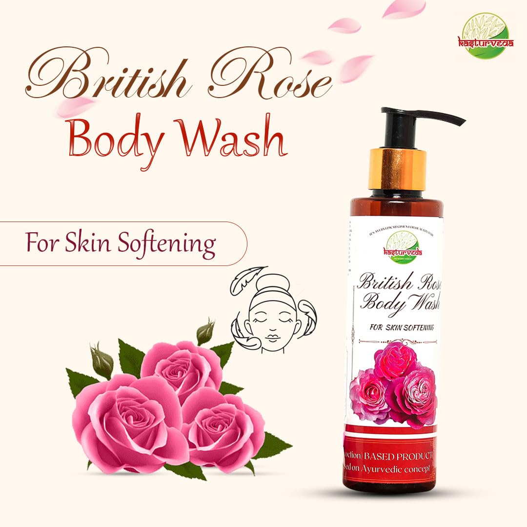 Kasturveda British Rose Body Wash Shower Gel for Men & Women - 200ml | Nourishing & Moisturizing Body Cleanser for Glowing Skin | Perfect for Daily Shower & Spa-Like Experience at Home