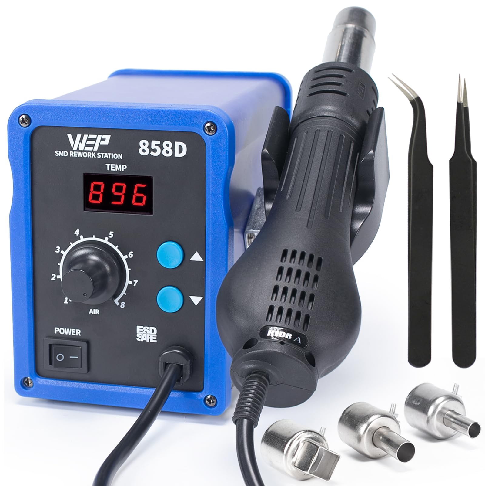 WEP 858D Digital Hot Air Rework Station with Temperature Control & Adjustable Air Flow - 3 Nozzles for SMD Soldering, PCB Repair, and Electronics DIY Projects