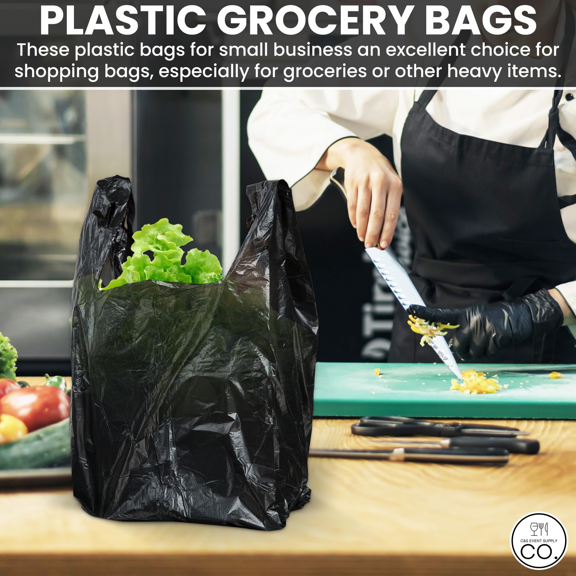 100 Pack Black Plastic Grocery Bags with Handles - Biodegradable Shopping Bags Bulk for Groceries, T-Shirts & Produce - Eco-Friendly Thank You Bags for Retail Stores, Farmers Markets & Home Use