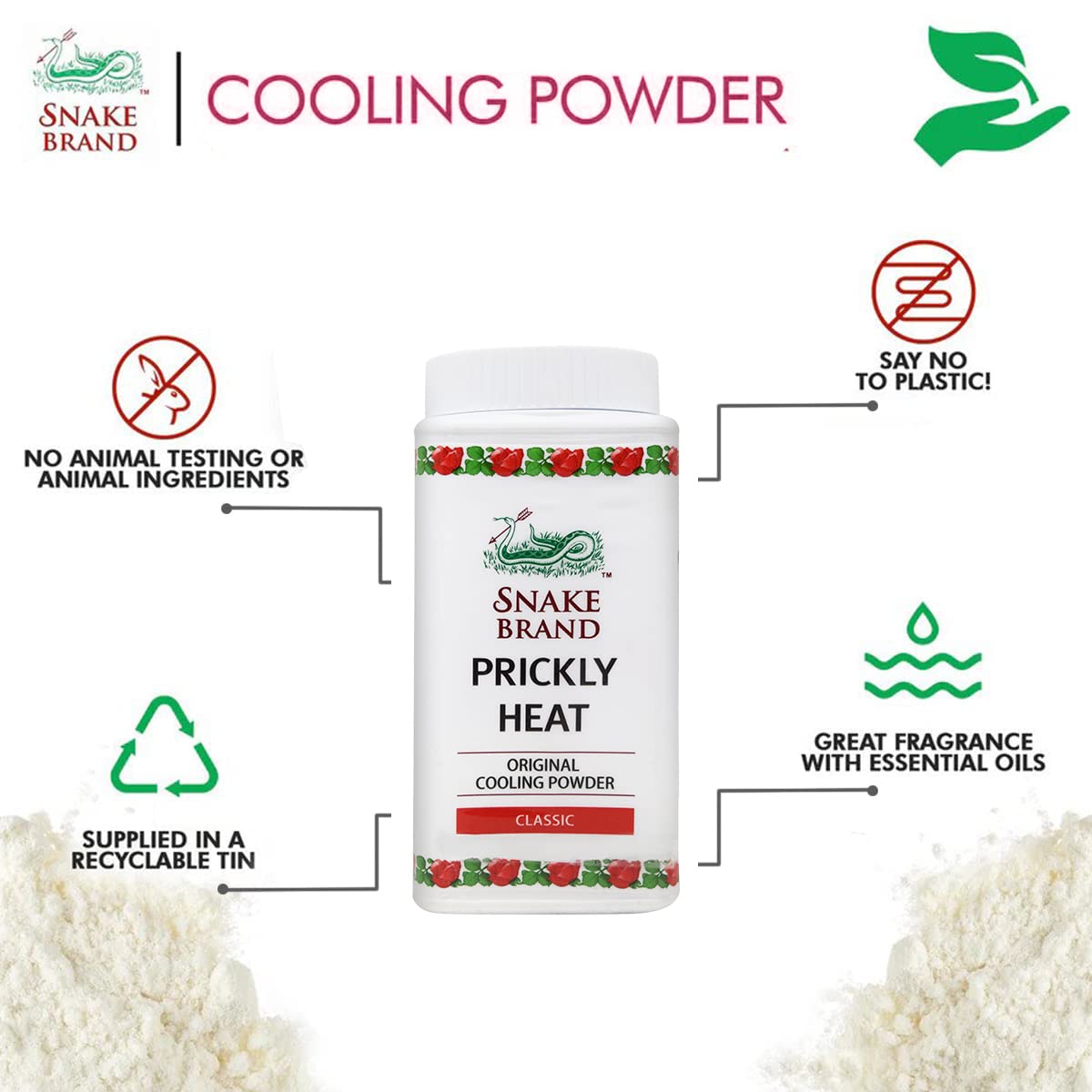 Snake Brand Prickly Heat Cooling Talcum Powder - 4 Pack (50g Each) for Heat Rash Relief & Skin Comfort | Ideal for Summer, Gym, Outdoor Activities & Baby Care