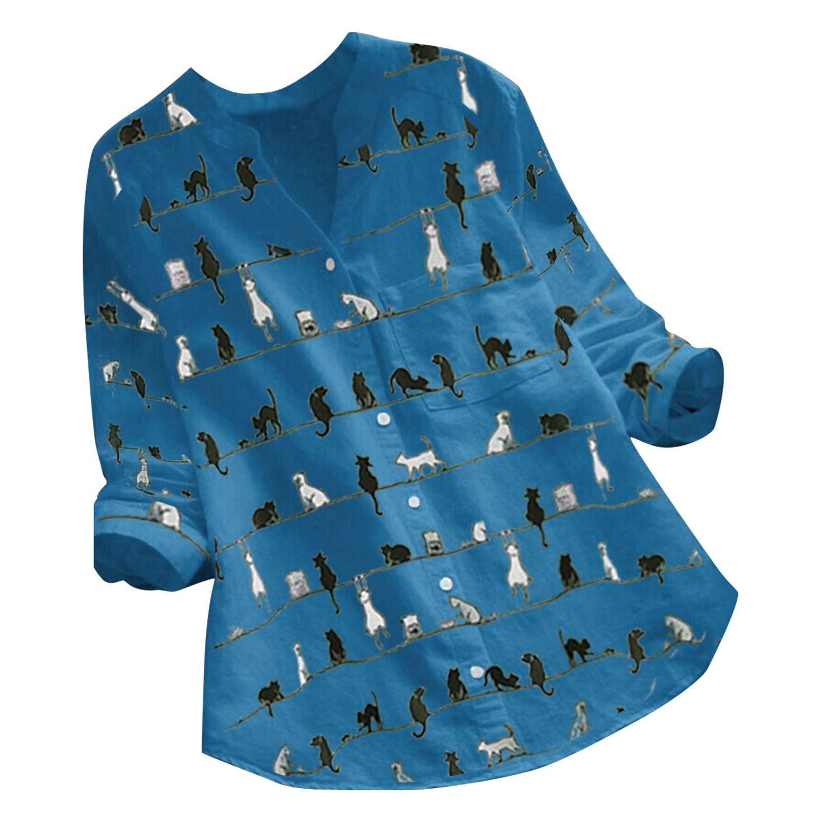 Women's Casual Long Sleeve Button Down Blouse with Cat Print - Loose Fit V-Neck Tops for Work, Date Night & Everyday Wear