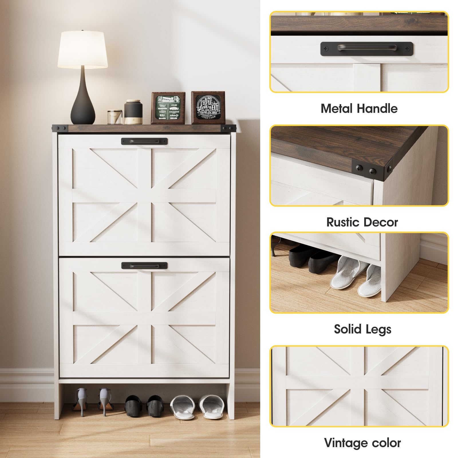 Farmhouse Style Slim Shoe Storage Cabinet with 2 Flip Drawers - Narrow Entryway Shoe Rack Organizer for Hidden Shoes - White - Perfect for Small Spaces, Apartments & Closet Organization