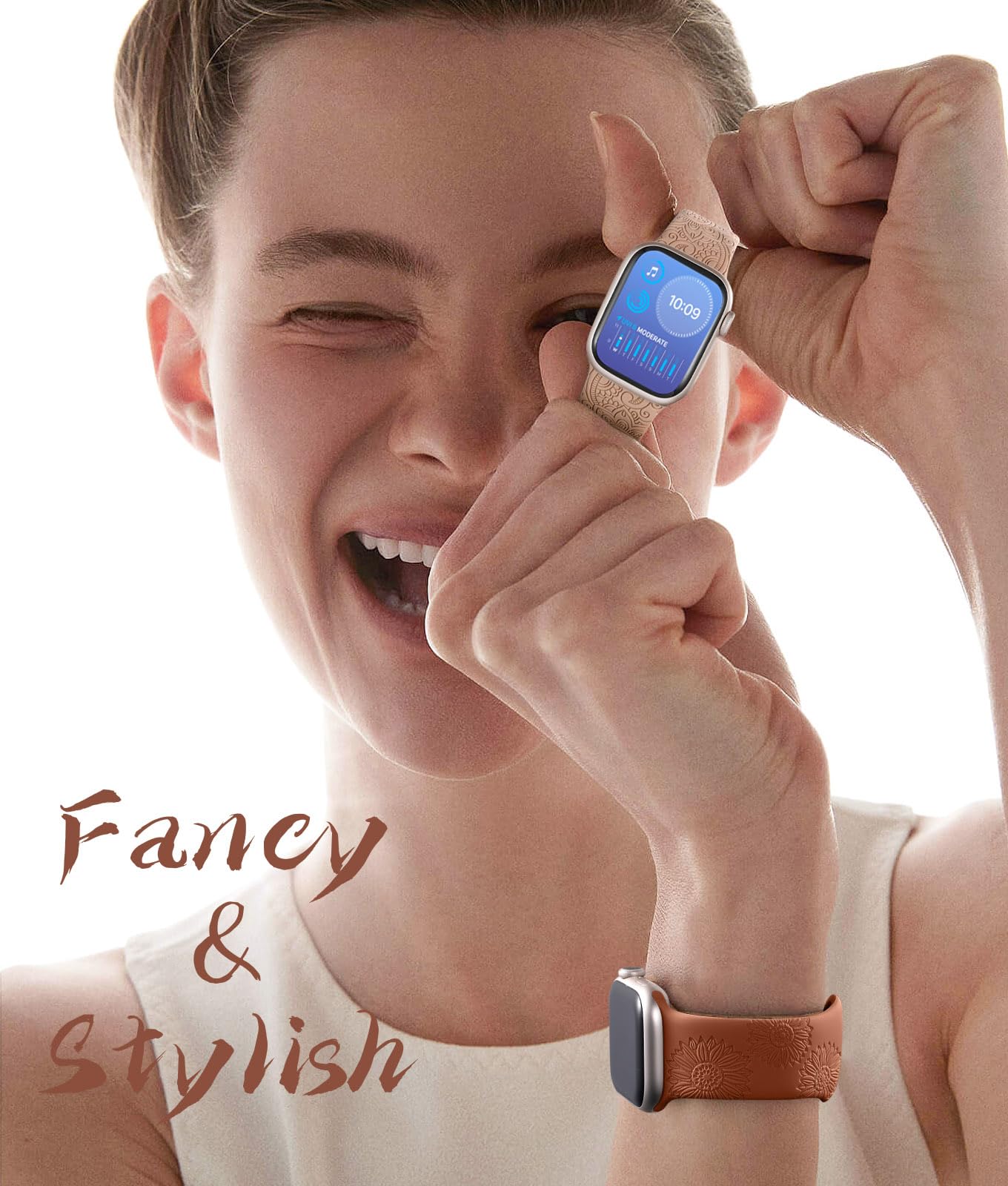 Floral Engraved Soft Silicone Apple Watch Band for Women - Compatible with 38mm 40mm 41mm 42mm 44mm 45mm 46mm 49mm iWatch Series 10 9 8 7 SE Ultra 1/2 - Cute Pattern Sport Strap for Gym, Workout & Everyday Wear