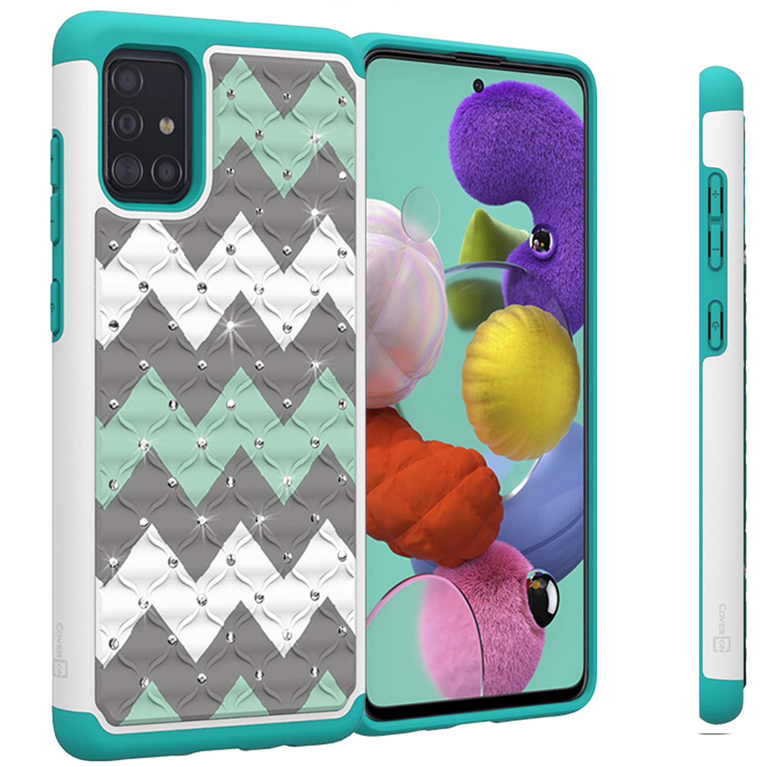Sparkle Rhinestone Dual Layer Shockproof Case for Samsung Galaxy A71 - Bling Hybrid Protective Cover with Teal Chevron Design | Perfect for Parties, Night Out & Fashion Accessories