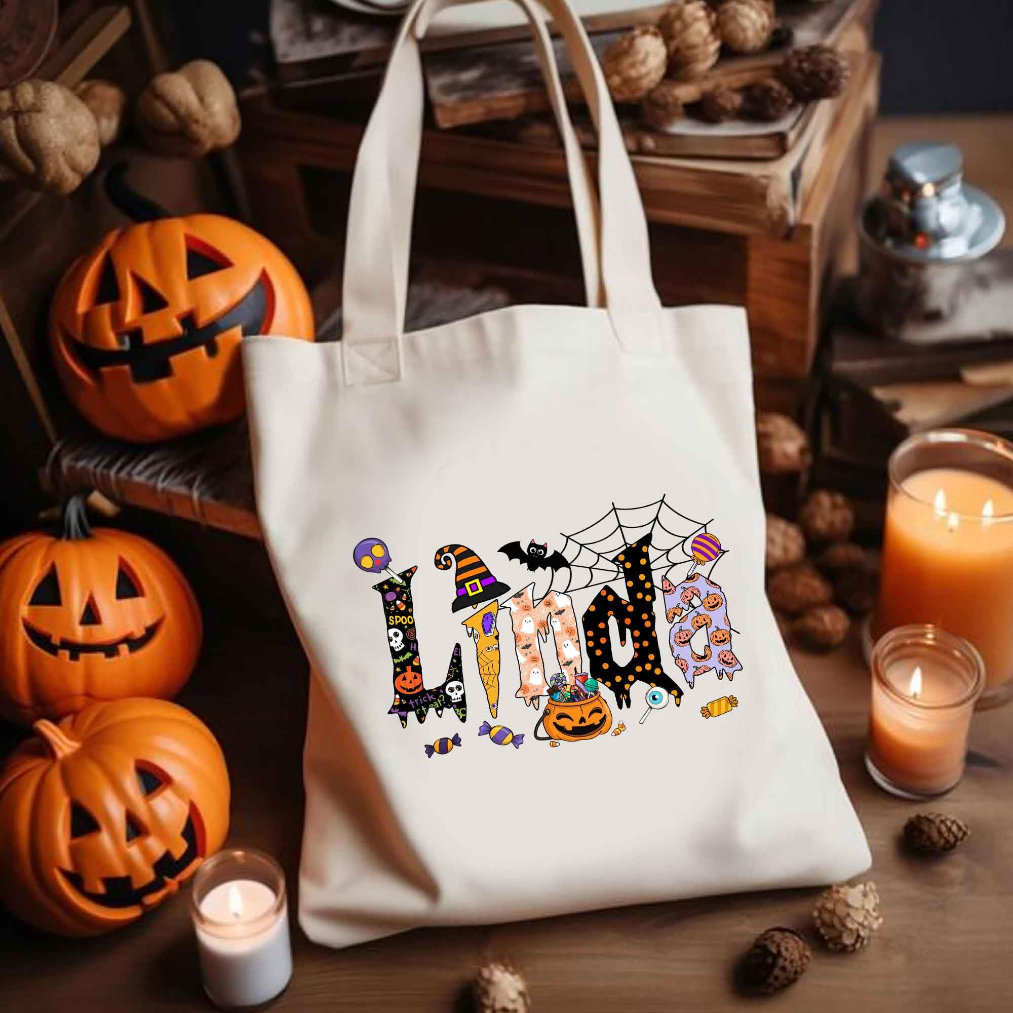 Custom Halloween Trick or Treat Bags with Names - 3 Font Styles 15x16 Inch Personalized Tote Bags for Women & Kids, Witch-Themed Halloween Party Favors, Trick-or-Treating, Costume Accessories & Spooky Decorations