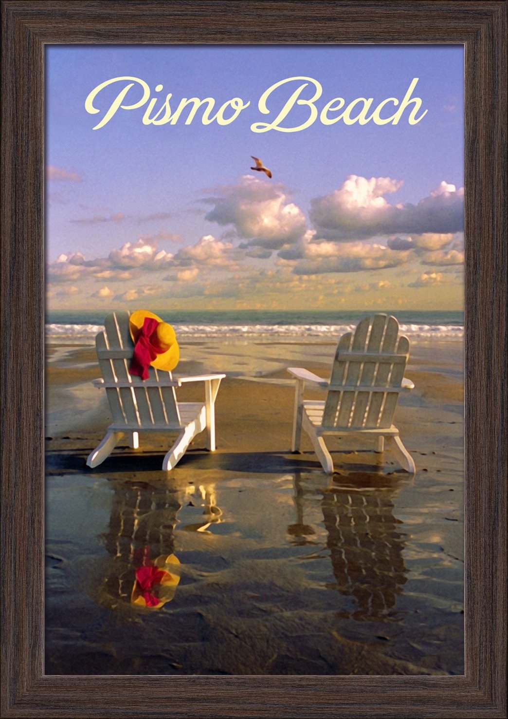 California Coastal Decor - Pismo Beach Adirondack Chairs 12x18 Giclee Fine Art Print with Recycled Wood Frame in Espresso Brown - Perfect for Beach House, Living Room & Coastal Theme Decor