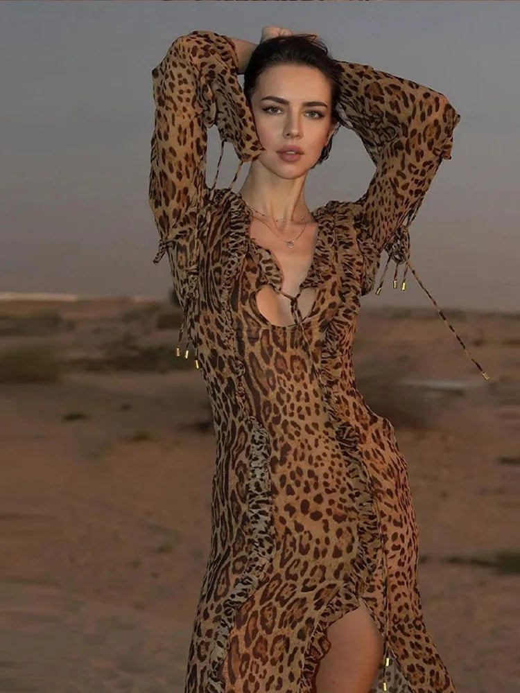 Elegant Women's Deep V-Neck Ruffle Split Dress with Long Sleeves & Lace-Up Detail - Spring Summer Fashion Print Vestidos for Parties, Weddings & Date Nights
