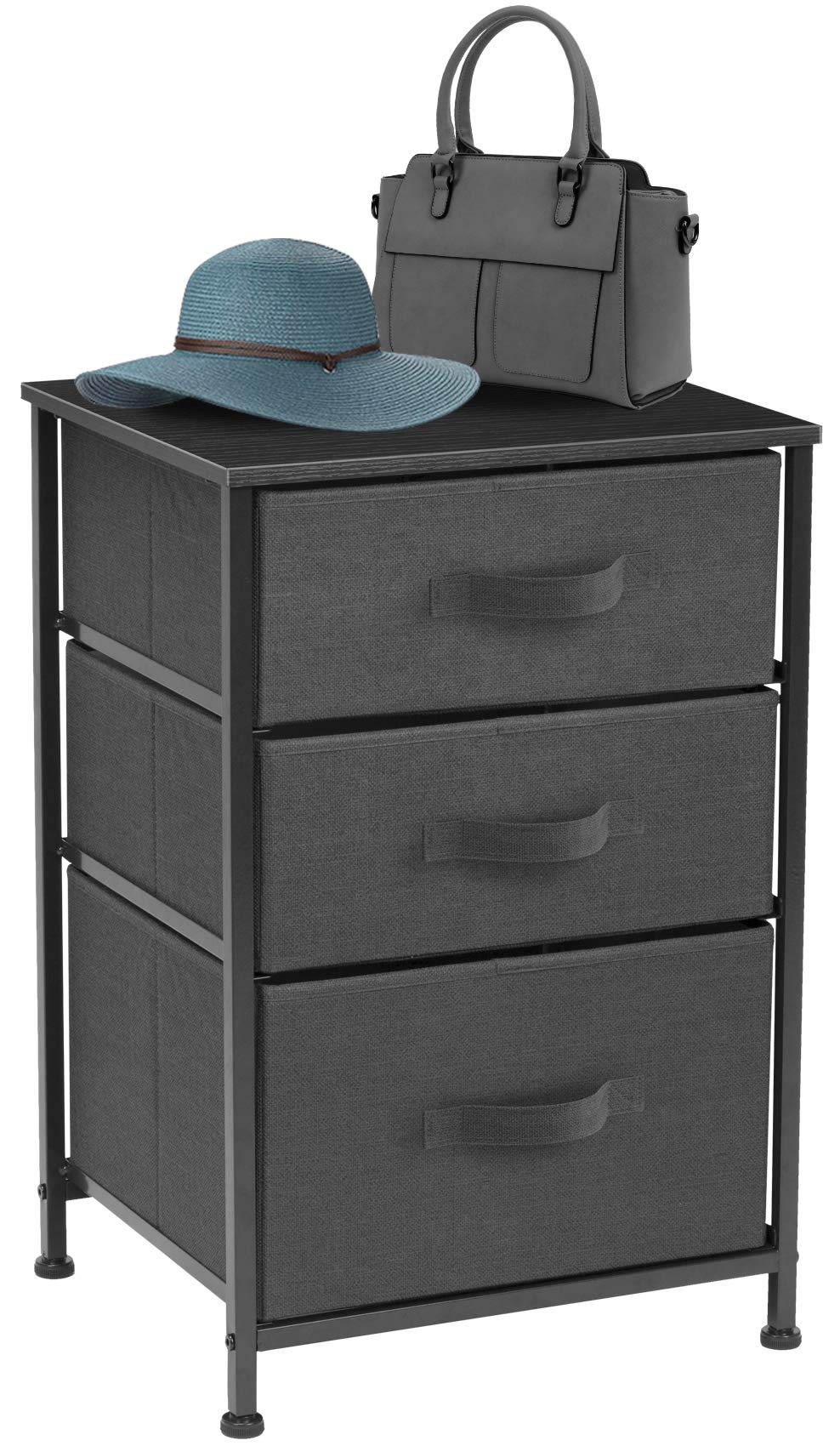 Sorbus 3-Drawer Nightstand with Steel Frame & Wood Top - Modern Bedside Table for Bedroom, Office, or Dorm - Easy Pull Fabric Bins (Black/Charcoal) - Perfect for Small Spaces, Storage Solutions & Stylish Home Decor